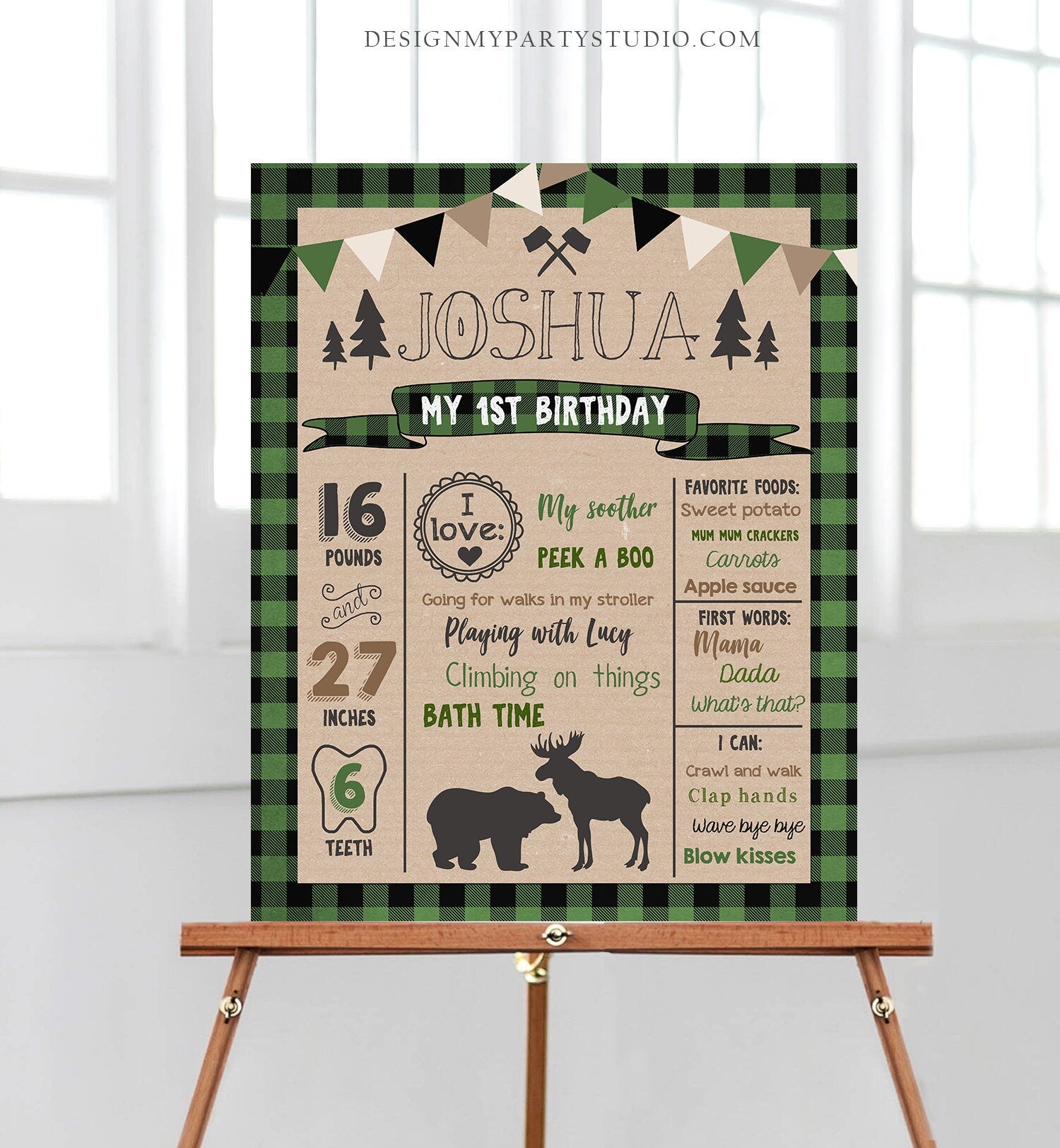 Editable Lumberjack Birthday Milestones Sign Poster Boy First Birthday 1st Green Black Plaid Hunter Green Woodland Bear Corjl Template 0026