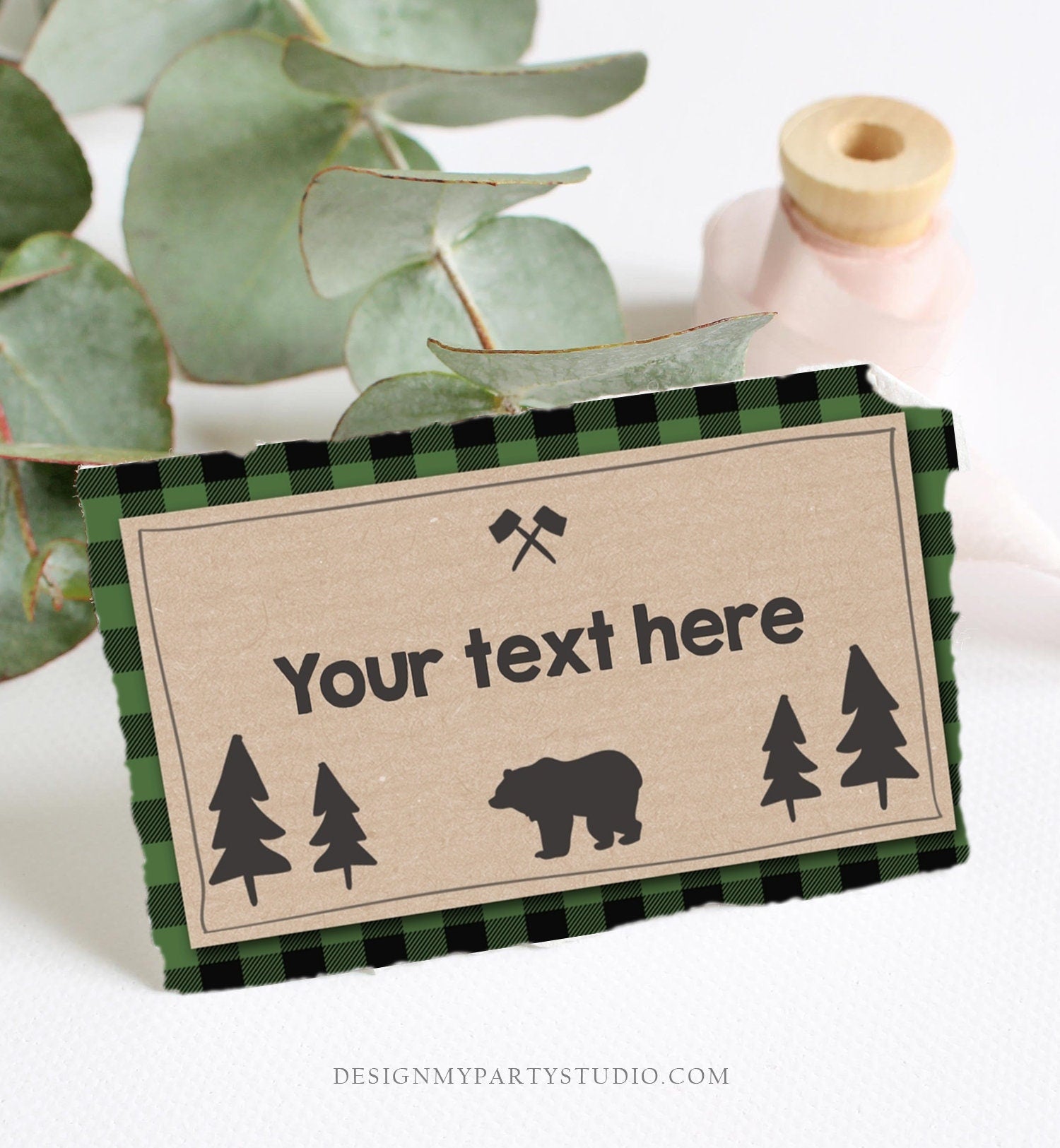 Editable Food Labels Lumberjack Birthday Wild One Green Buffalo Plaid Place Card Tent Card Escort Card Bear Woodland Template Corjl 0026