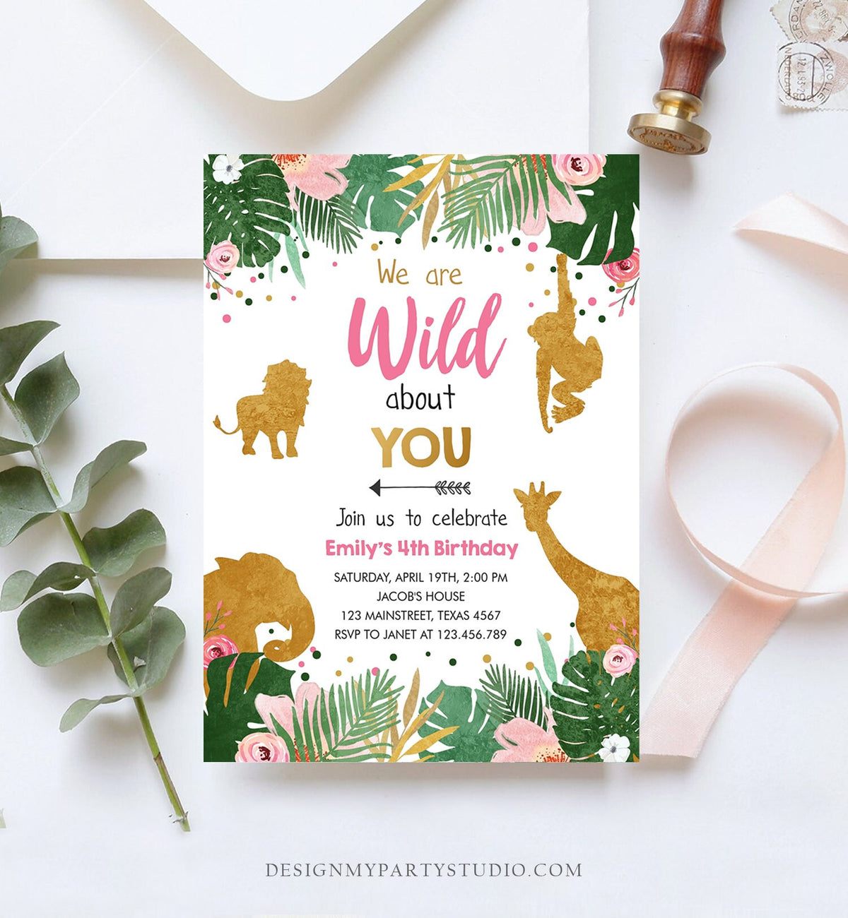 Editable Safari Animals Wild Birthday Invitation Wild About You Jungle Zoo Gold Girl Pink Adoption Foster Printable Corjl Template 0016