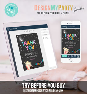 Editable Movie Night Thank You Card Under the Stars Backyard Movie Night Party Birthday Popping By Download Printable Template Corjl 0042