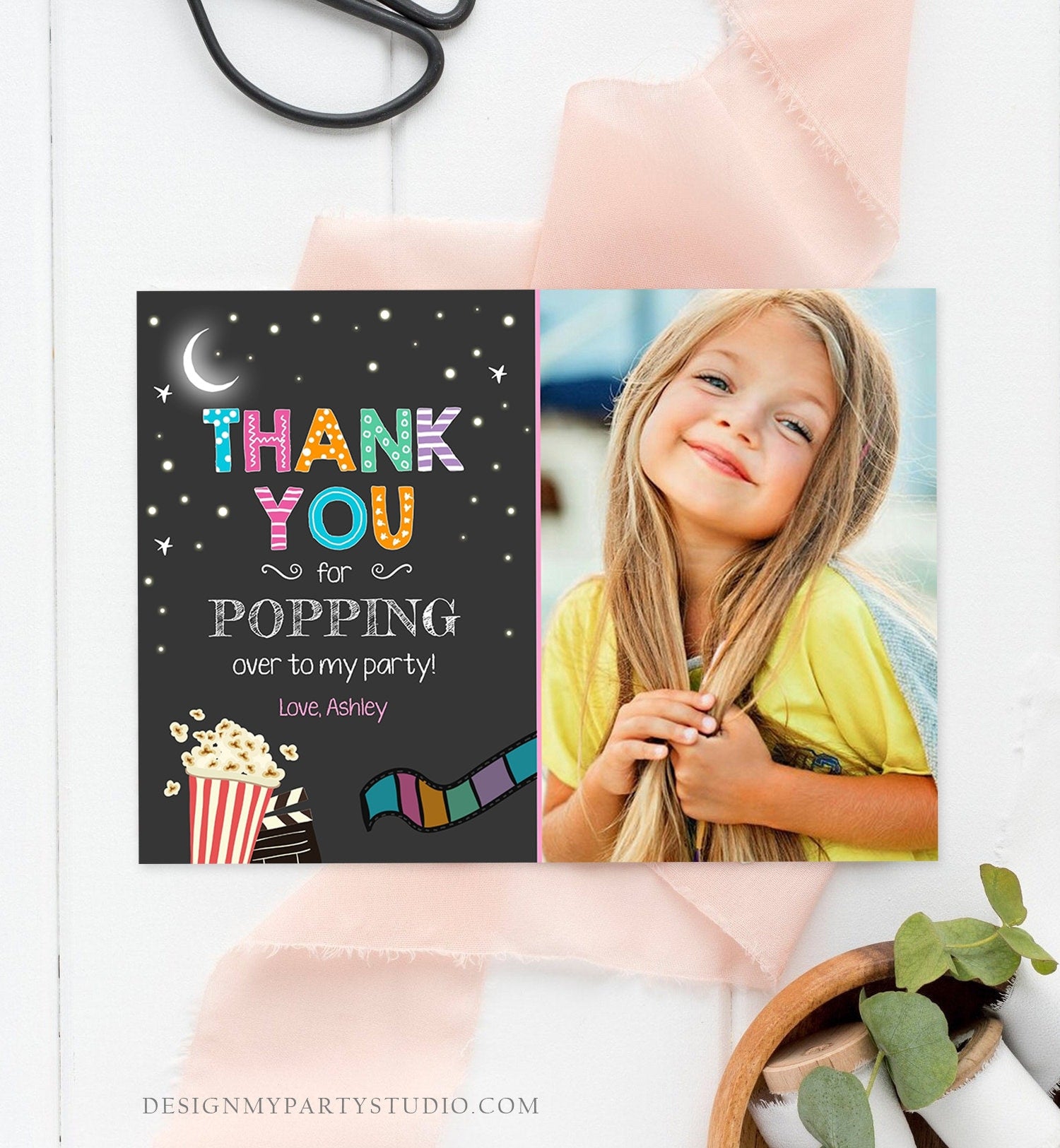 Editable Movie Night Thank You Card Under the Stars Backyard Movie Night Party Birthday Popping By Download Printable Template Corjl 0042