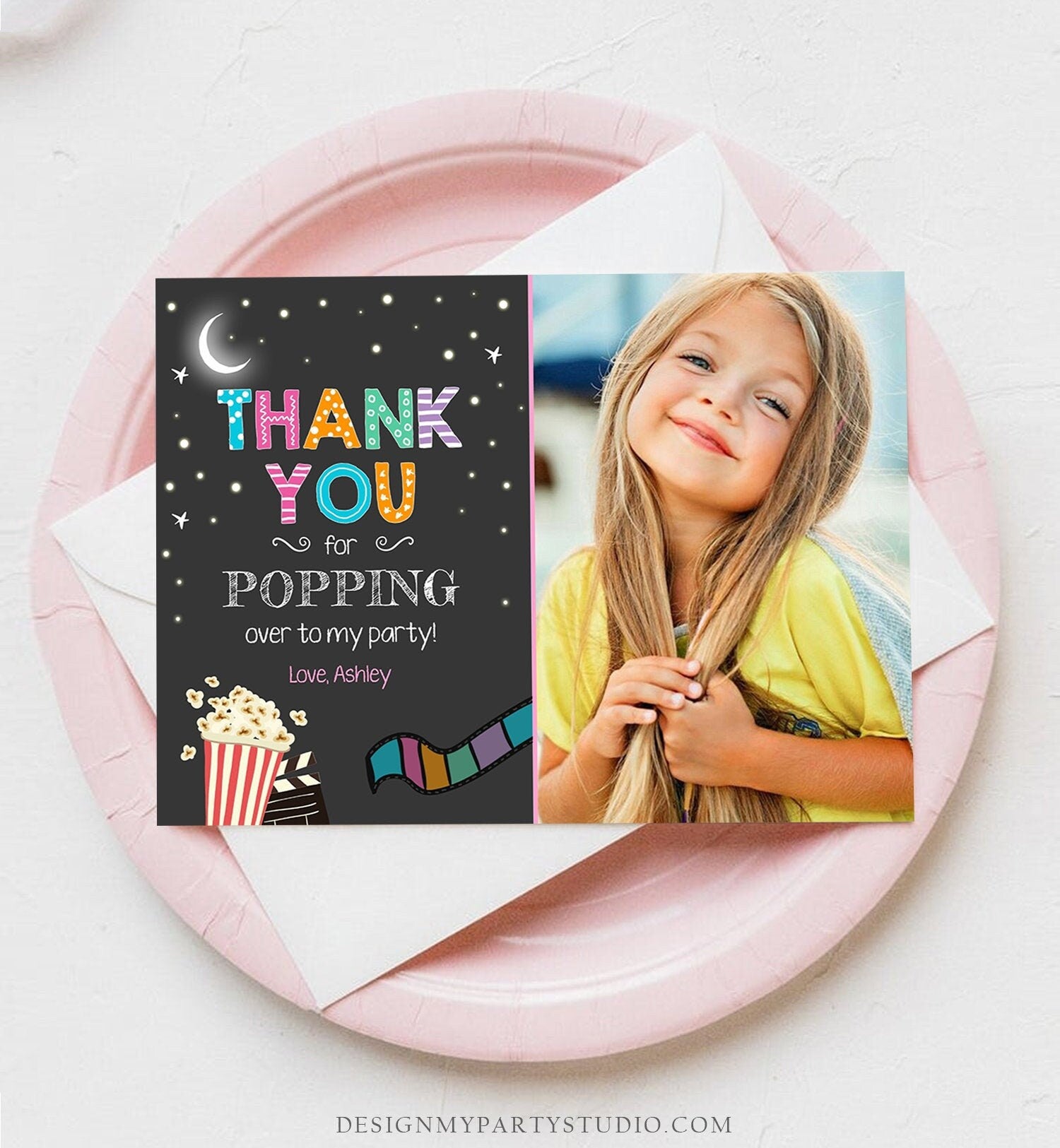 Editable Movie Night Thank You Card Under the Stars Backyard Movie Night Party Birthday Popping By Download Printable Template Corjl 0042