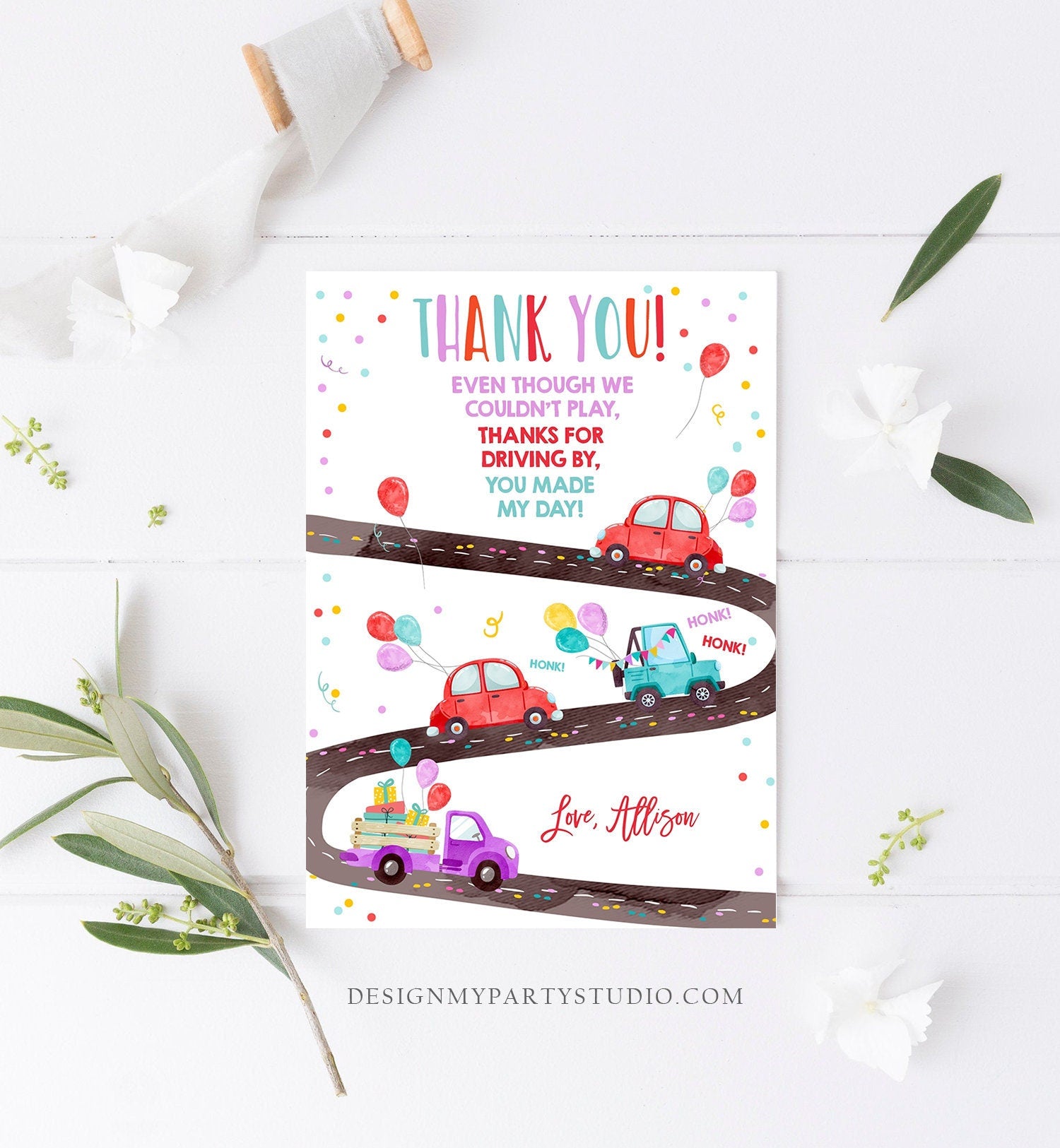 Editable Drive By Birthday Parade Thank You Card Virtual Party Invite Honk Wave Car Girl Red Quarantine Instant Download Digital Corjl 0333