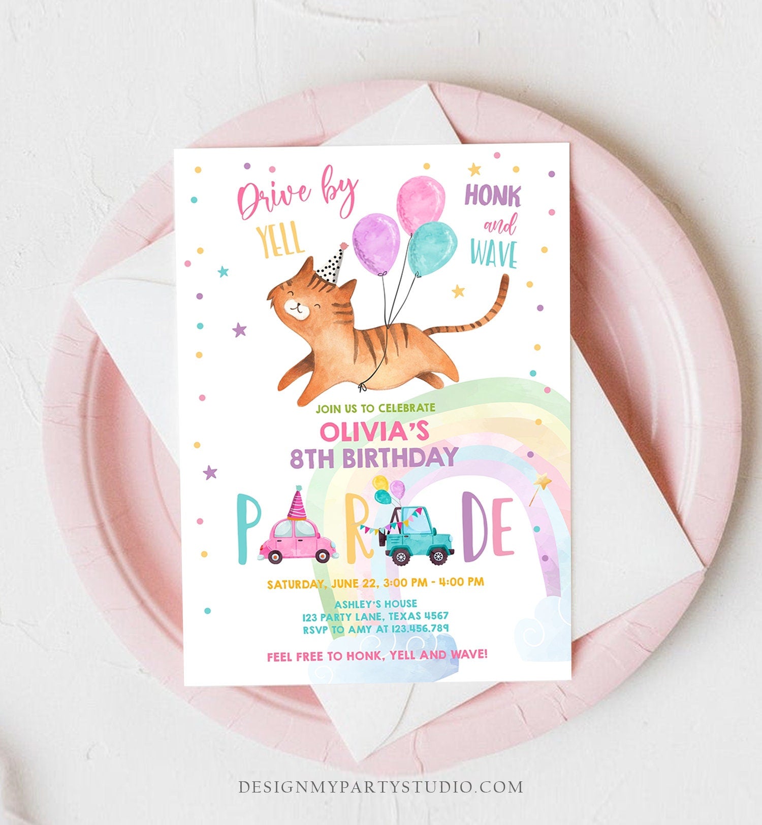 Editable Cat Drive By Birthday Parade Invitation Kitten Virtual Party Invite Honk Wave Car Girl Pink Quarantine Download Digital Corjl 0348