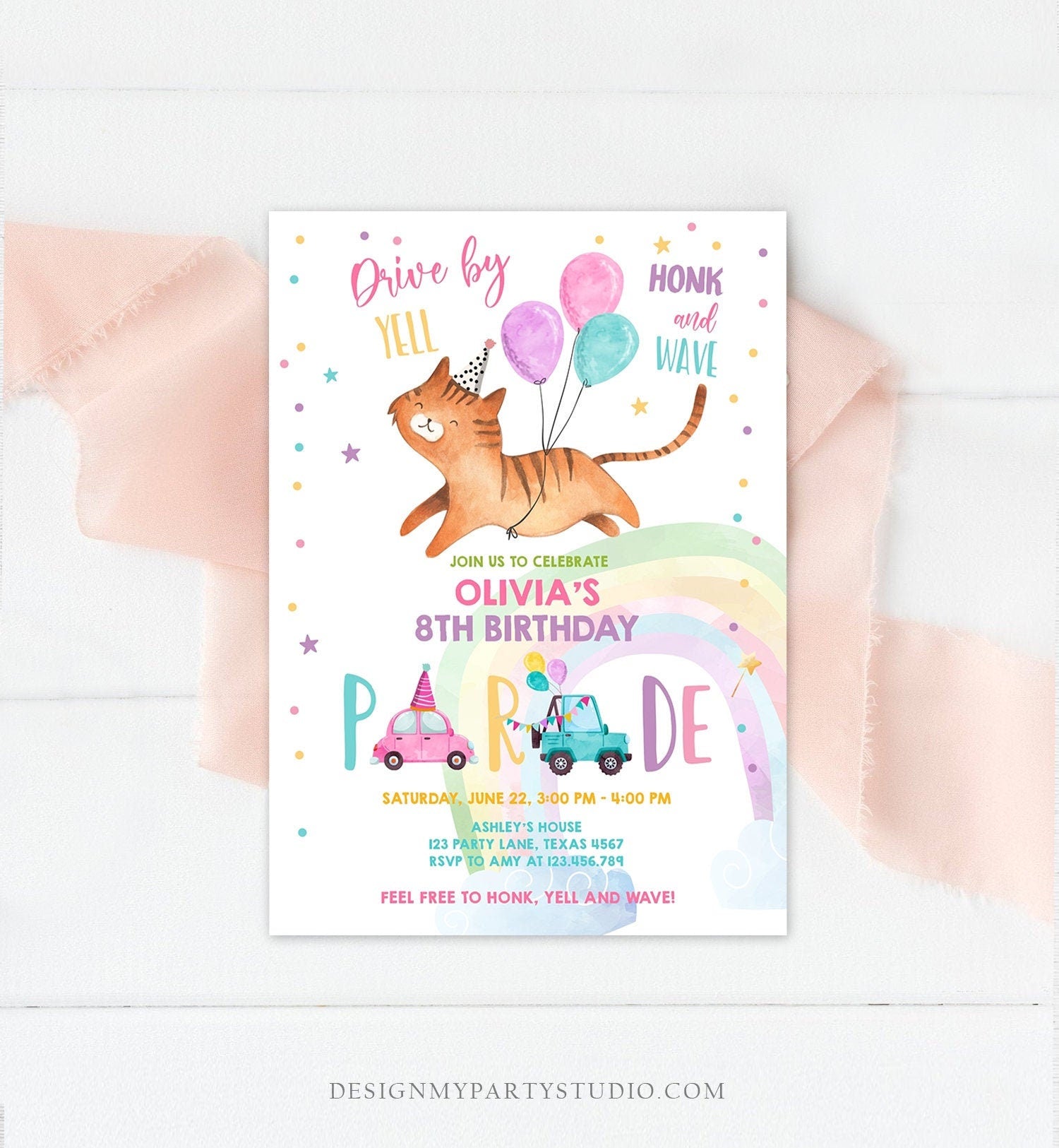 Editable Cat Drive By Birthday Parade Invitation Kitten Virtual Party Invite Honk Wave Car Girl Pink Quarantine Download Digital Corjl 0348