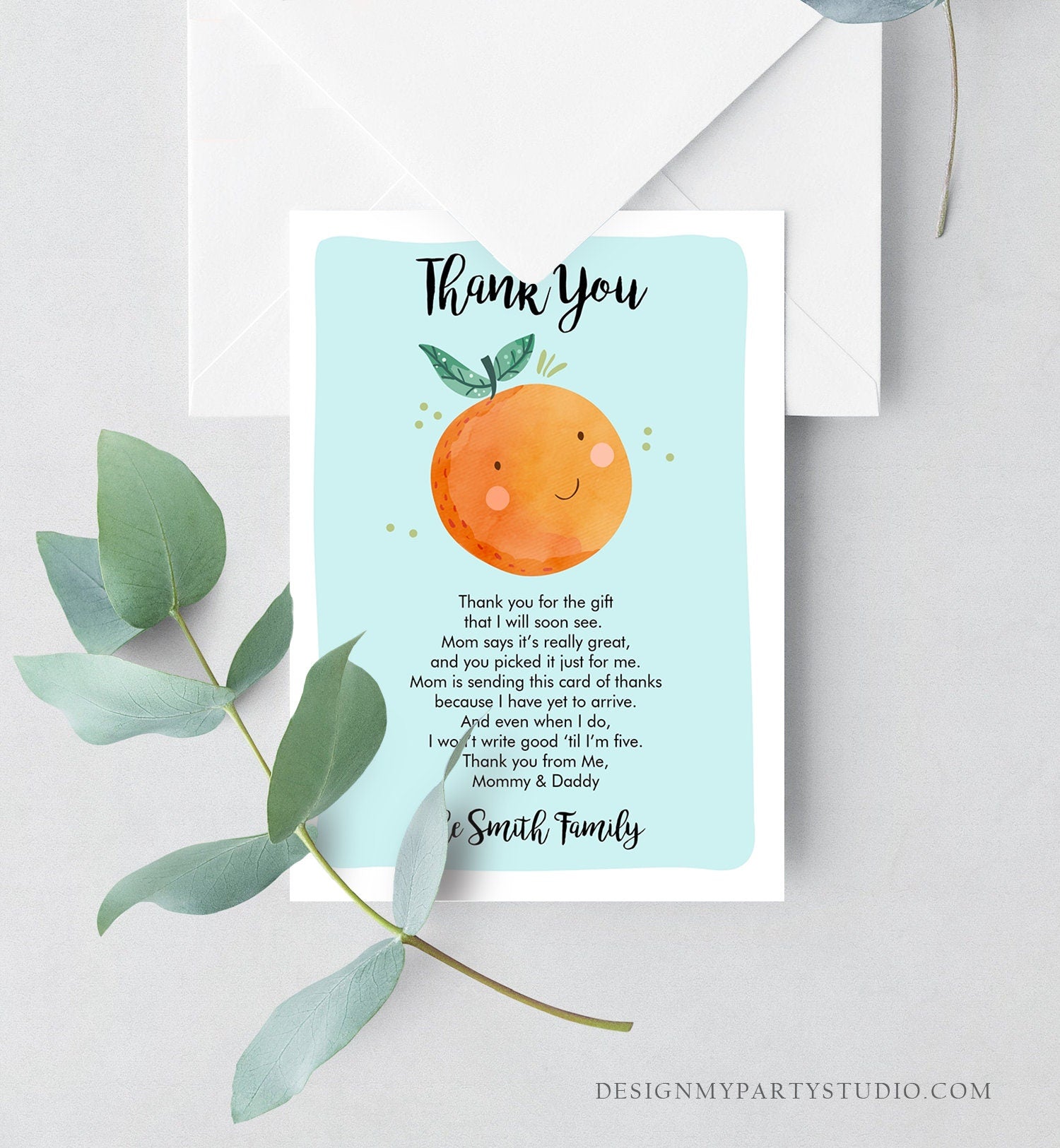 Editable A Little Cutie Thank You Card Baby Shower Clementine Orange Thank You Coed Shower Boy Blue Download Printable Corjl Template 0330