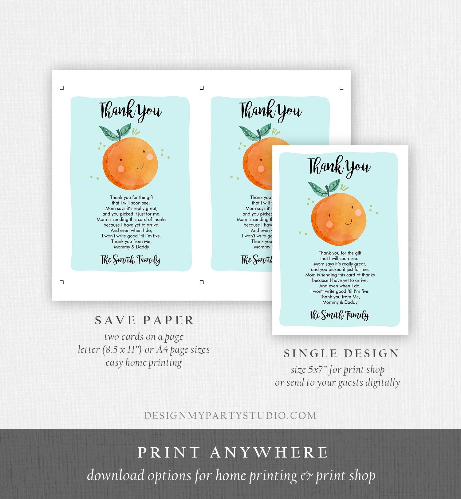 Editable A Little Cutie Thank You Card Baby Shower Clementine Orange Thank You Coed Shower Boy Blue Download Printable Corjl Template 0330