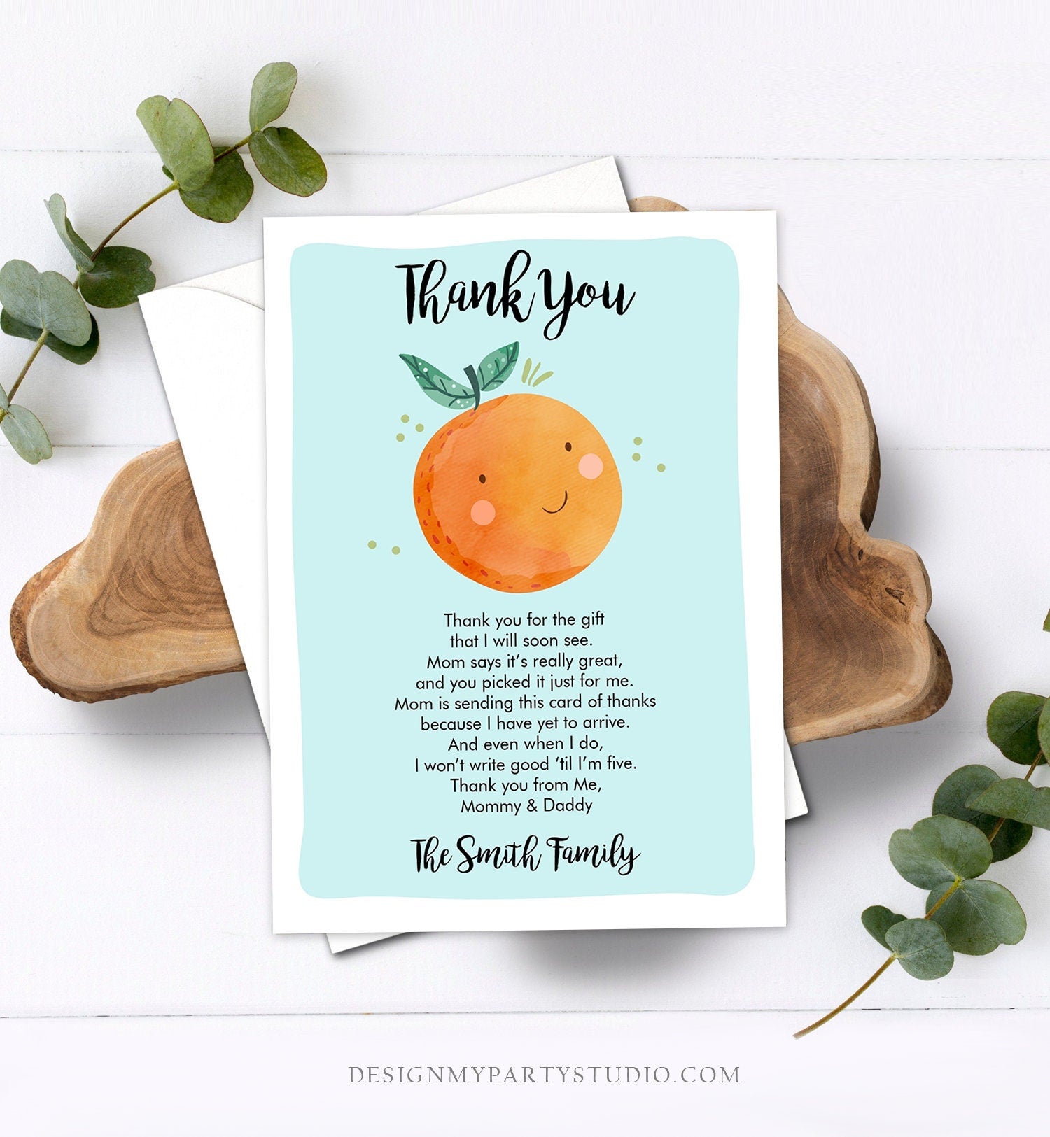 Editable A Little Cutie Thank You Card Baby Shower Clementine Orange Thank You Coed Shower Boy Blue Download Printable Corjl Template 0330