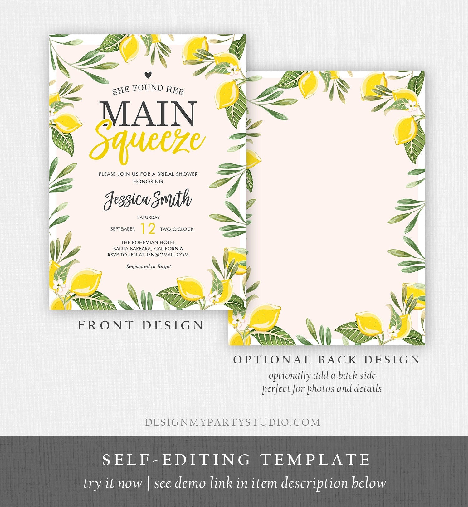 Editable Main Squeeze Bridal Shower Invitation She Found Her Lemon Citrus Rustic Wedding Greenery Lemonade Corjl Template Printable 0220