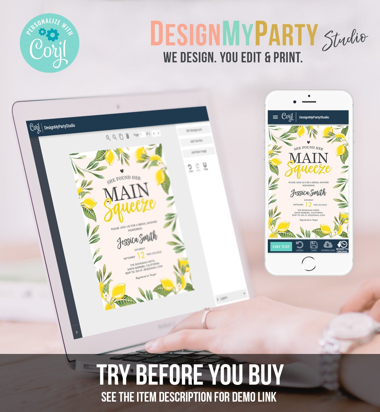 Editable Main Squeeze Bridal Shower Invitation She Found Her Lemon Citrus Rustic Wedding Greenery Lemonade Corjl Template Printable 0220