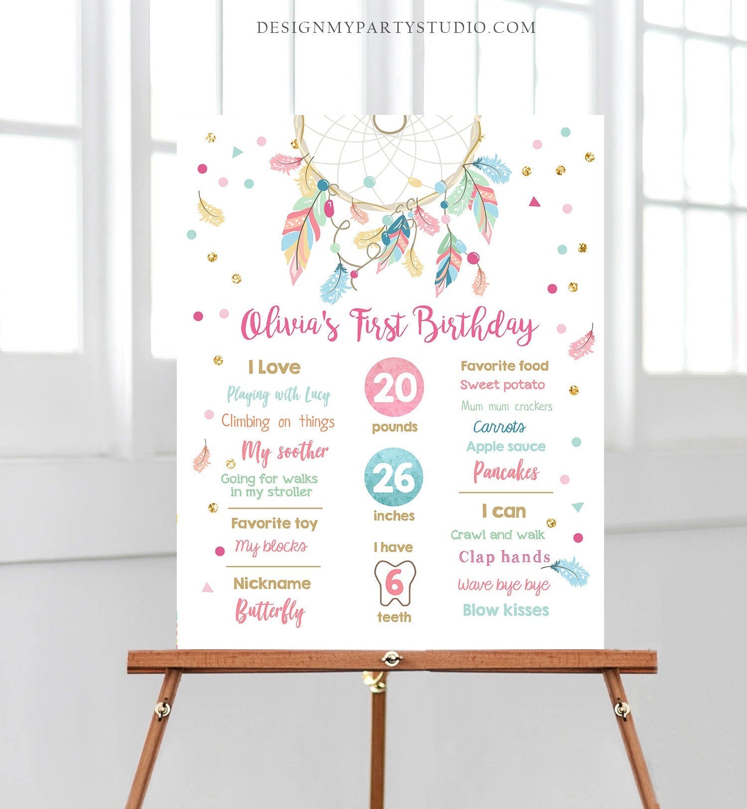 Editable Dream Catcher Birthday Milestones Sign Boho Tribal Dreamcatcher First Birthday 1st Birthday Girl Pink Gold Template Printable 0062