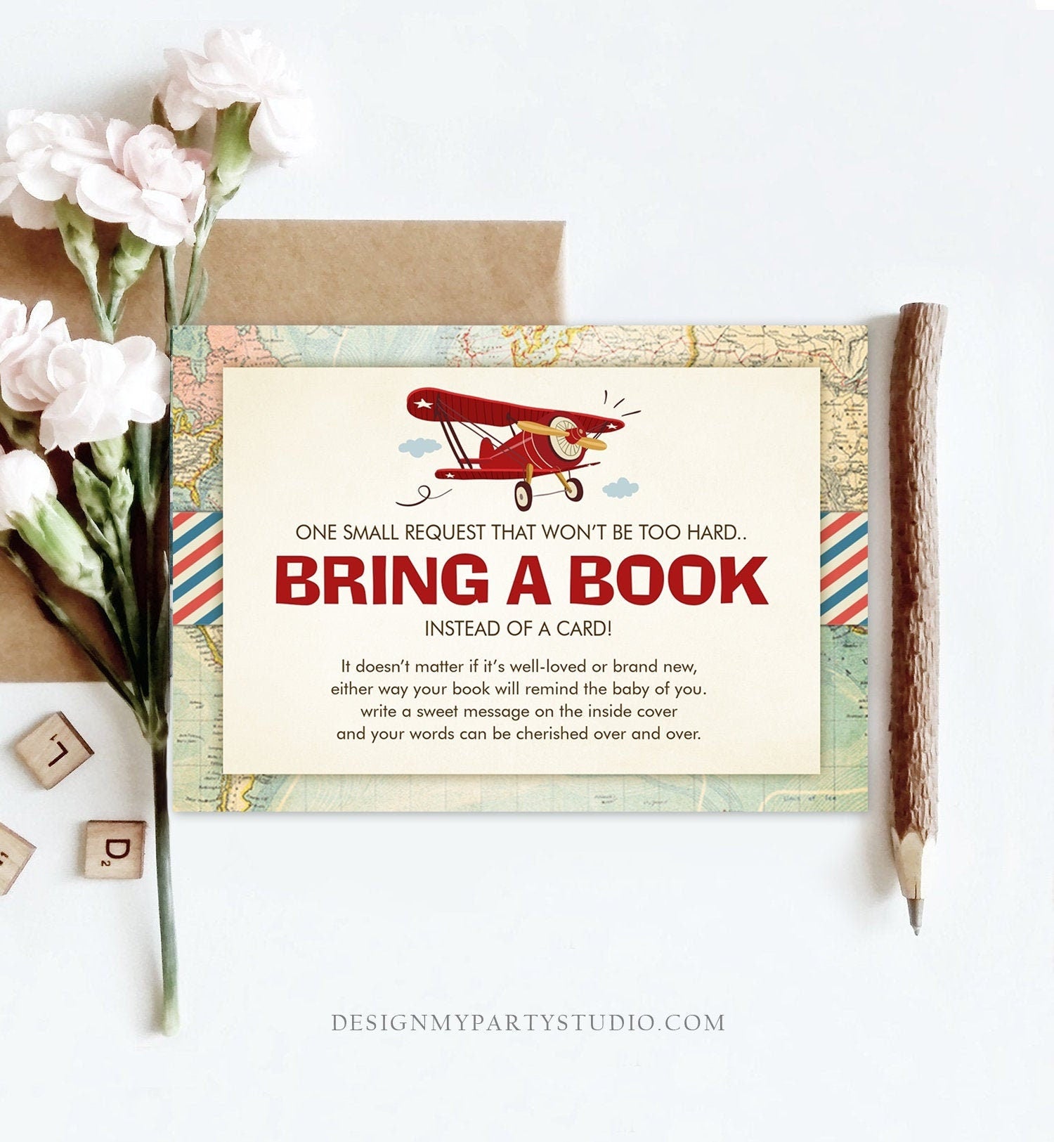 Editable Airplane Bring a Book Card Baby Shower Sprinkle Book Insert Books for Baby Book Request Vintage Red Plane Corjl Template 0011