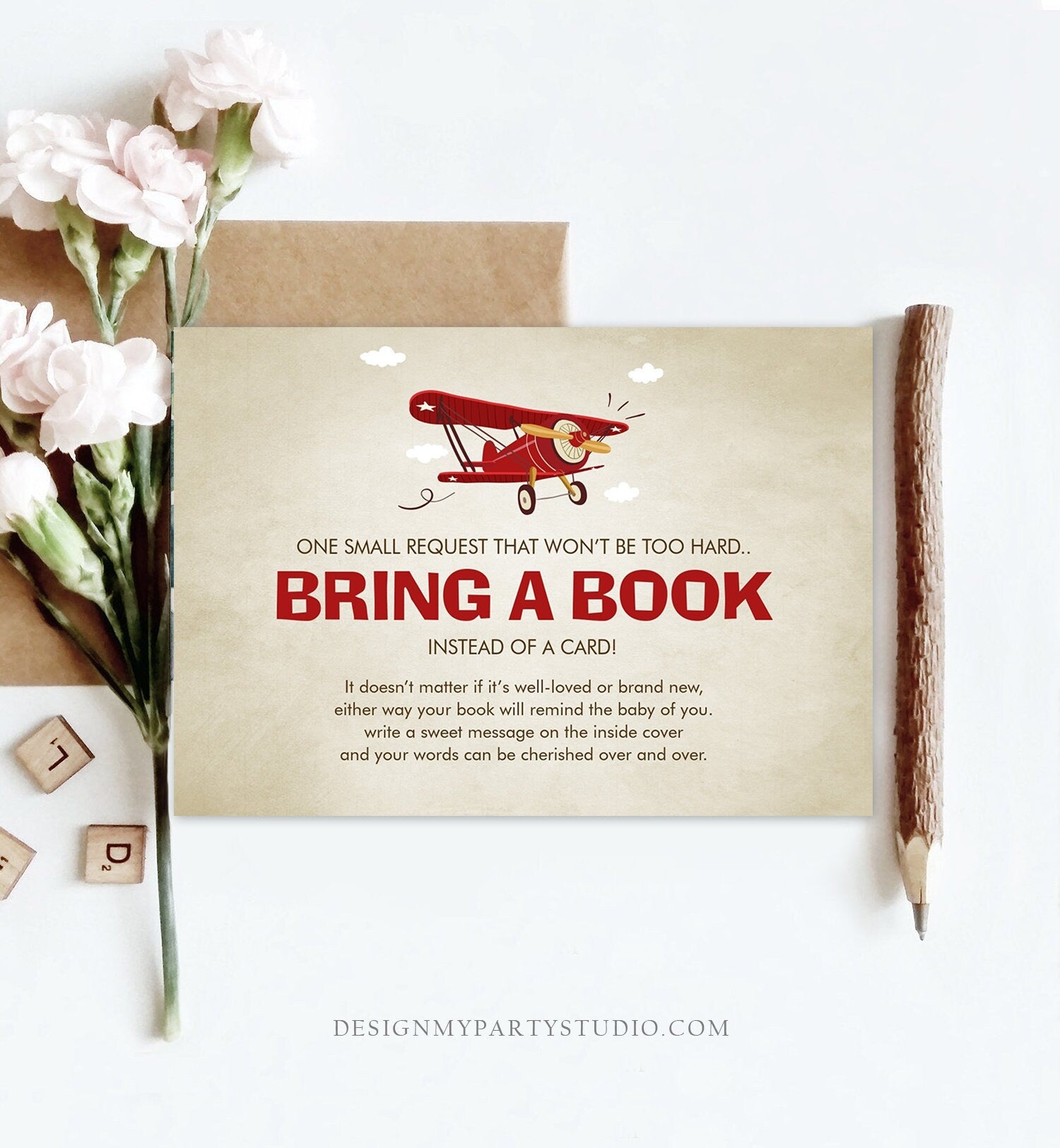 Editable Airplane Bring a Book Card Baby Shower Sprinkle Book Insert Books for Baby Book Request Vintage Red Plane Corjl Template 0011