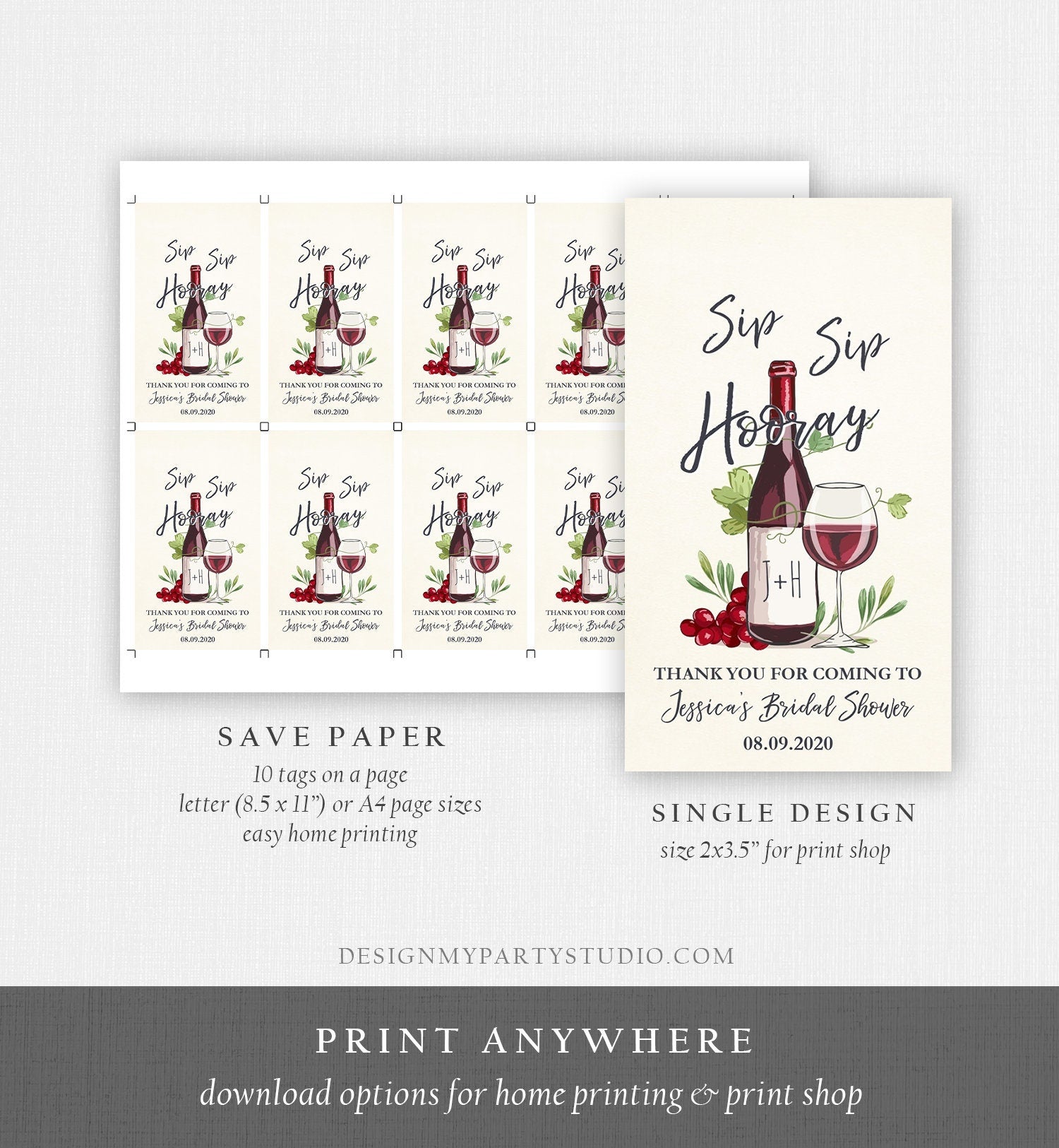 Editable Sip Sip Hooray Bridal Shower Favor Tags Thank You Tags Mini Wine Bottle Favor Wedding Wine Bridal Shower Rustic Corjl Template 0234