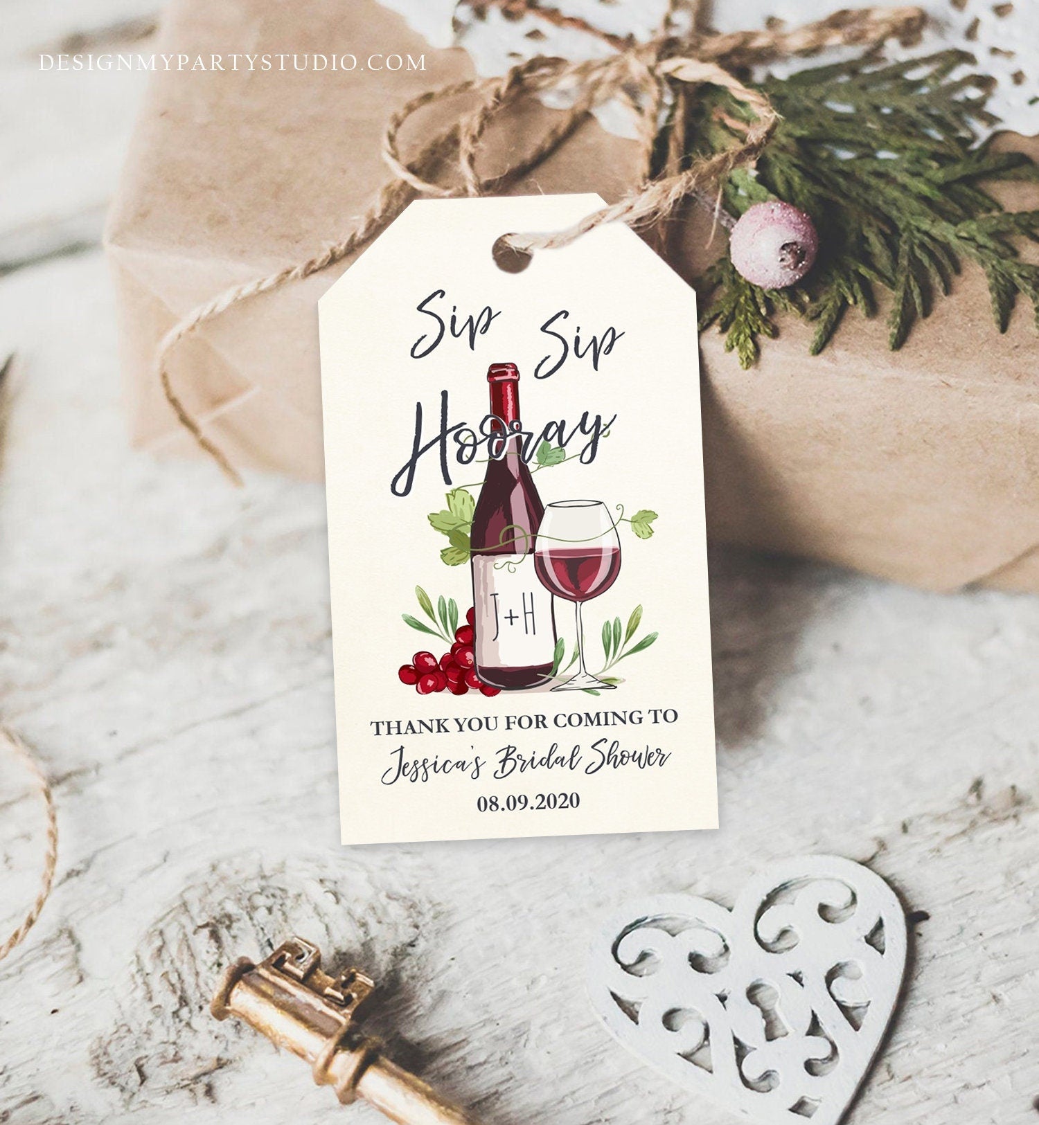 Editable Sip Sip Hooray Bridal Shower Favor Tags Thank You Tags Mini Wine Bottle Favor Wedding Wine Bridal Shower Rustic Corjl Template 0234