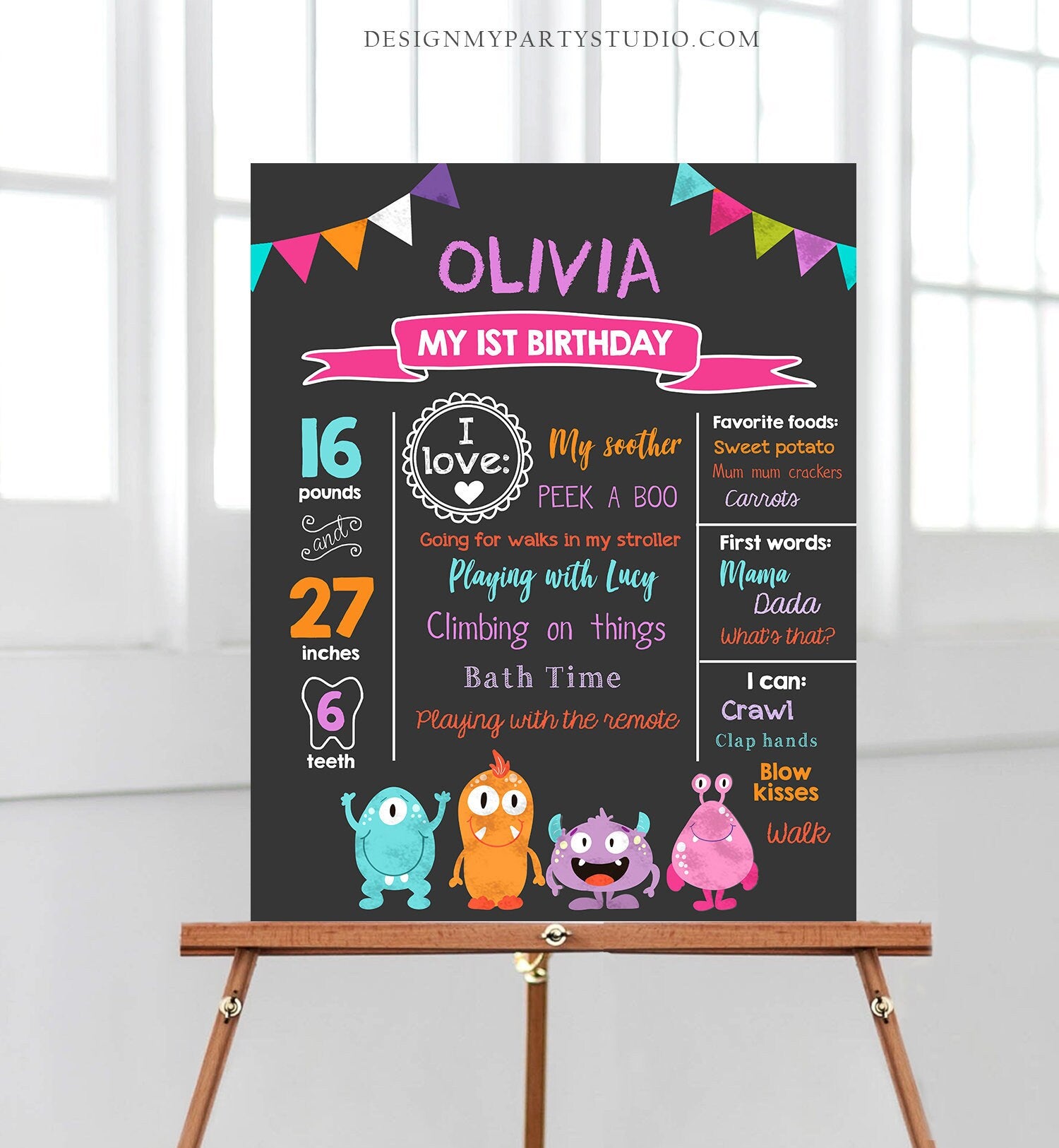 Editable Little Monsters Birthday Milestones Sign First Birthday Monster Decor 1st Party Girl Pink Download Template Printable Corjl 0058