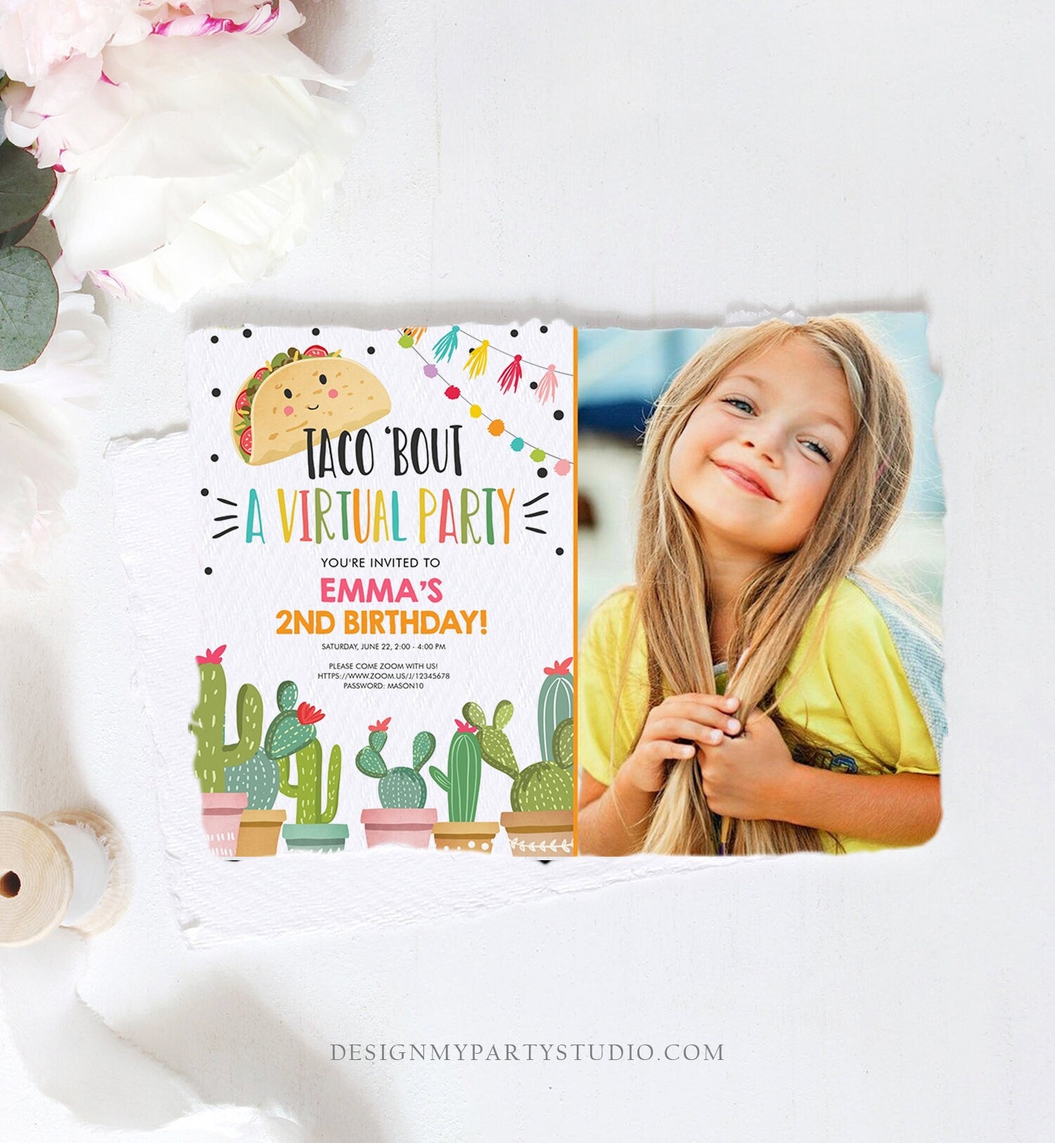 Editable Taco Bout a Virtual Party Birthday Invitation ANY AGE Girl Pink Cactus Fiesta Mexican Quarantine Download Corjl Template 0254