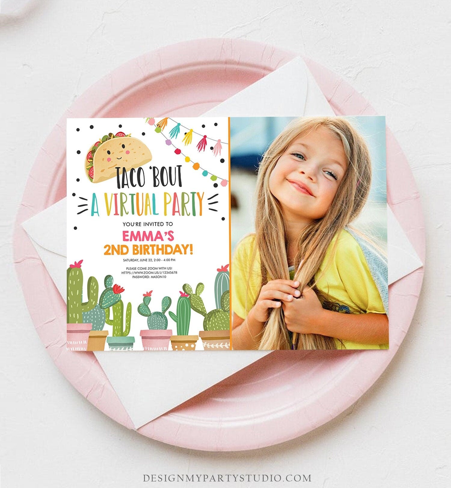 Editable Taco Bout a Virtual Party Birthday Invitation ANY AGE Girl Pink Cactus Fiesta Mexican Quarantine Download Corjl Template 0254