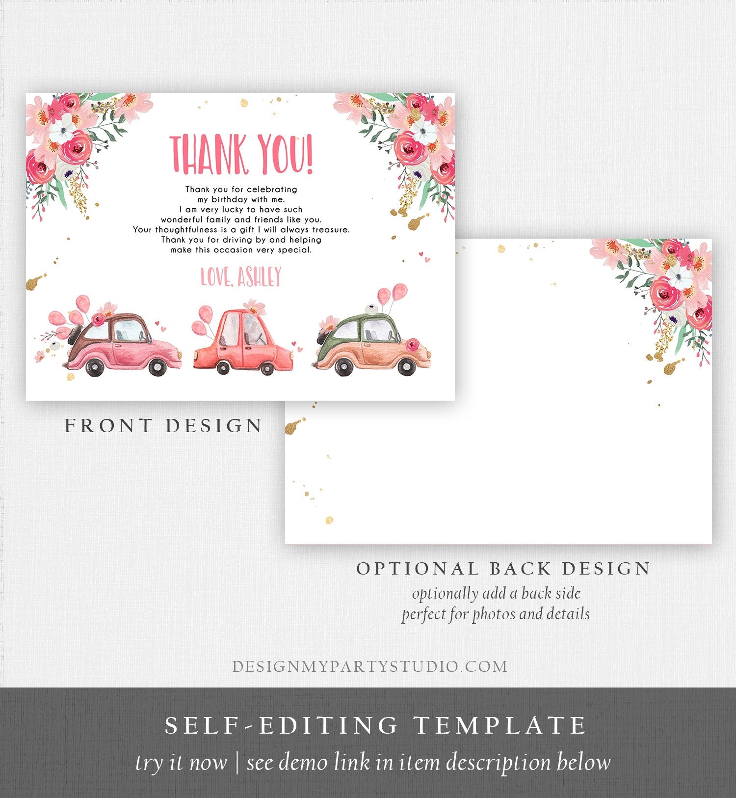 Editable Drive By Birthday Parade Thank You Card Virtual Party Tropical Woman Car Girl Pink Quarantine Instant Download Digital Corjl 0335