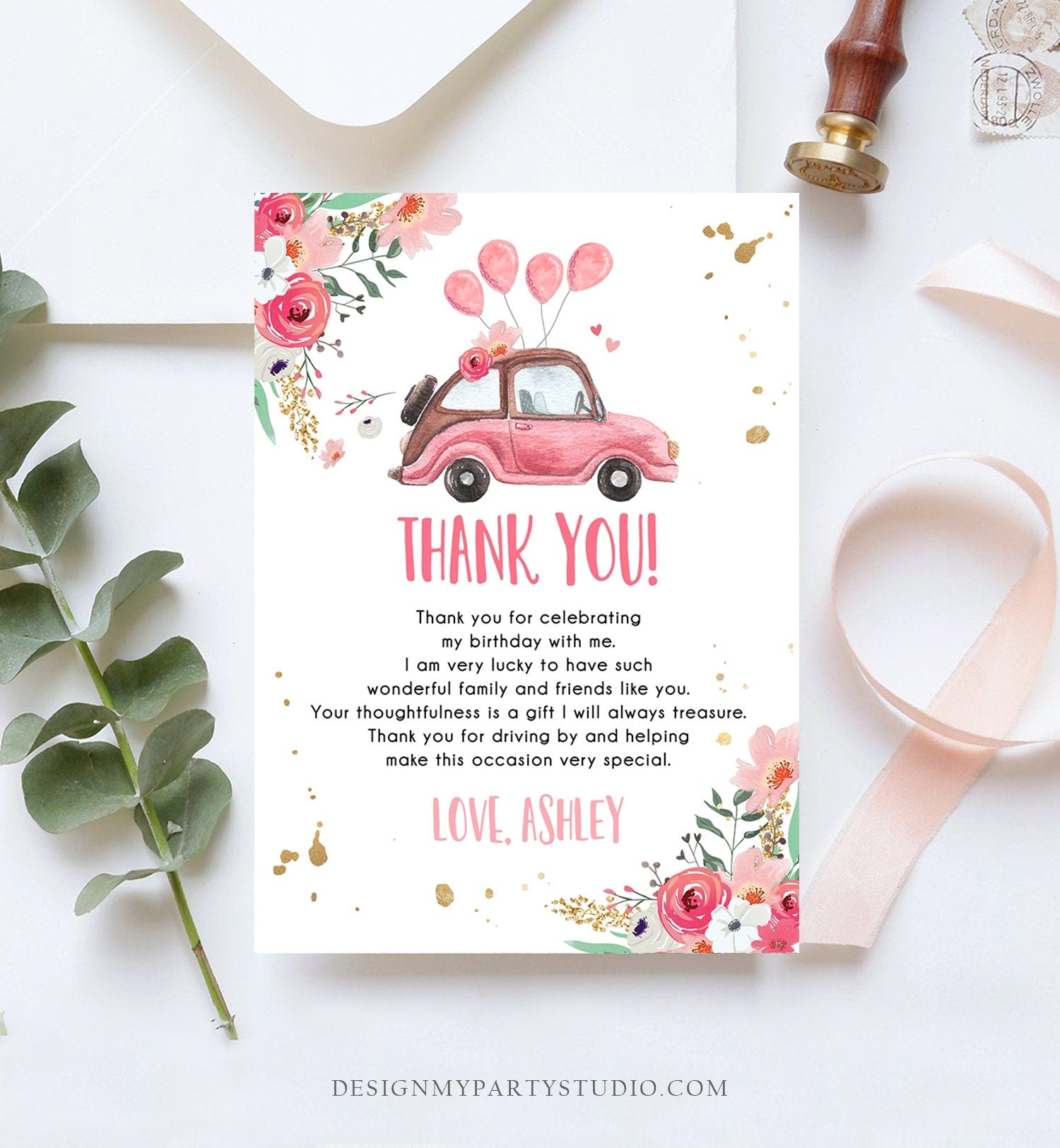 Editable Drive By Birthday Parade Thank You Card Virtual Party Tropical Woman Car Girl Pink Quarantine Instant Download Digital Corjl 0335