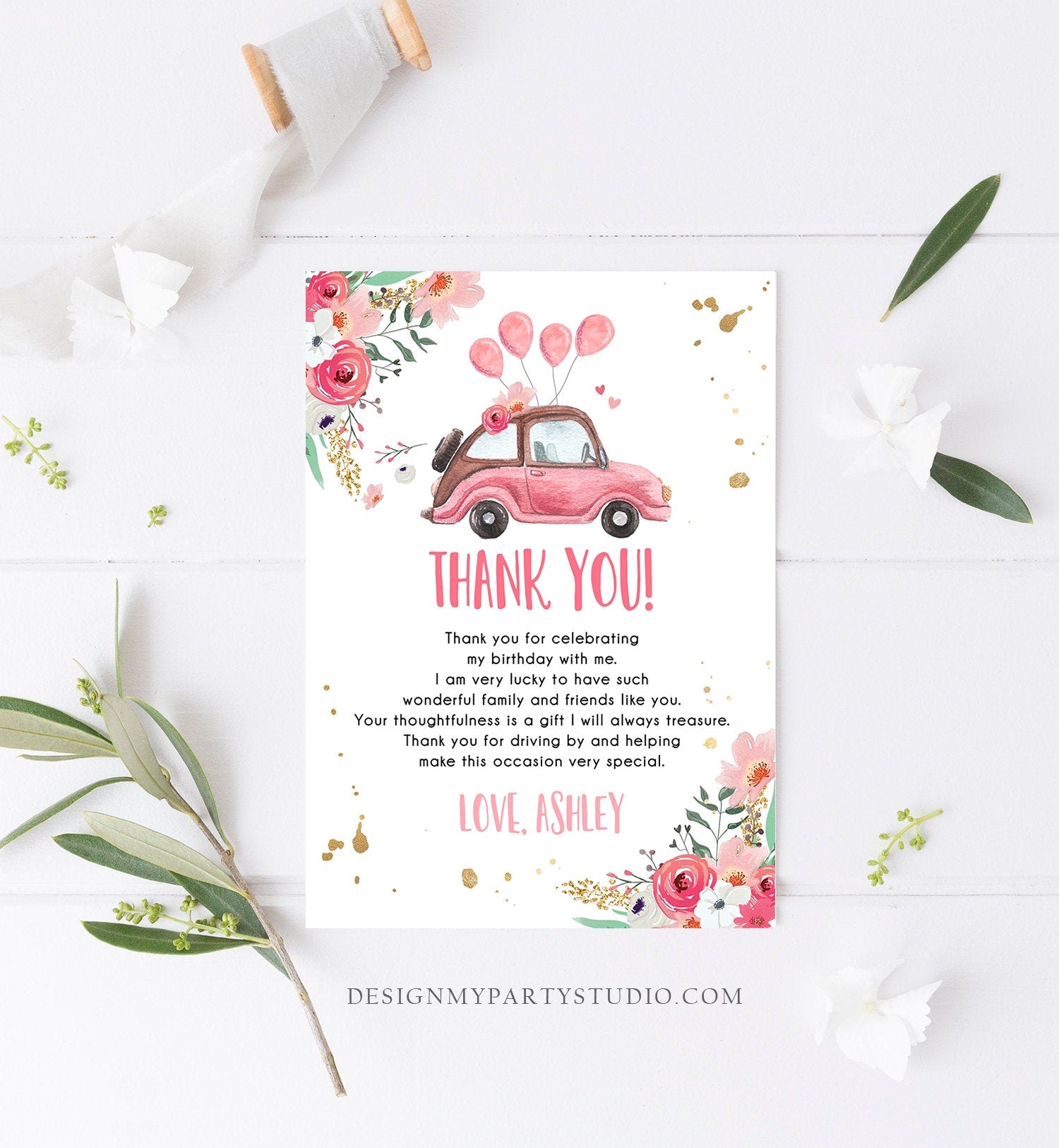 Editable Drive By Birthday Parade Thank You Card Virtual Party Tropical Woman Car Girl Pink Quarantine Instant Download Digital Corjl 0335