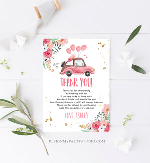 Editable Drive By Birthday Parade Thank You Card Virtual Party Tropical Woman Car Girl Pink Quarantine Instant Download Digital Corjl 0335