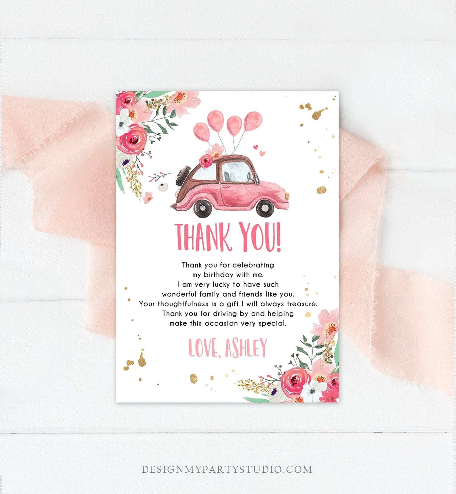 Editable Drive By Birthday Parade Thank You Card Virtual Party Tropical Woman Car Girl Pink Quarantine Instant Download Digital Corjl 0335