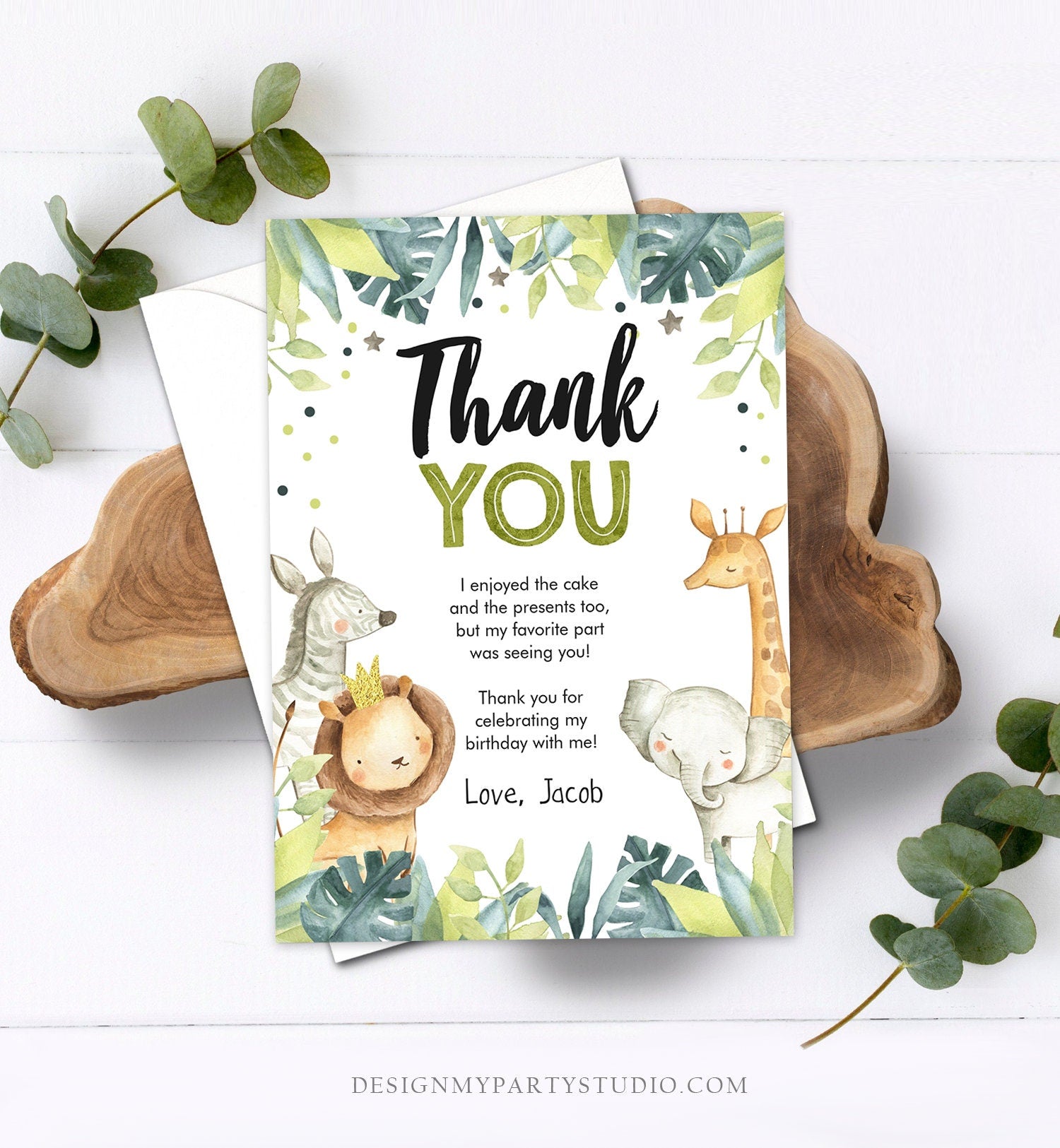 Editable Thank You Card Safari Animals Wild One Two Wild Thank You Note Boy Green Gold Jungle Zoo Party Animals Corjl Template Digital 0163