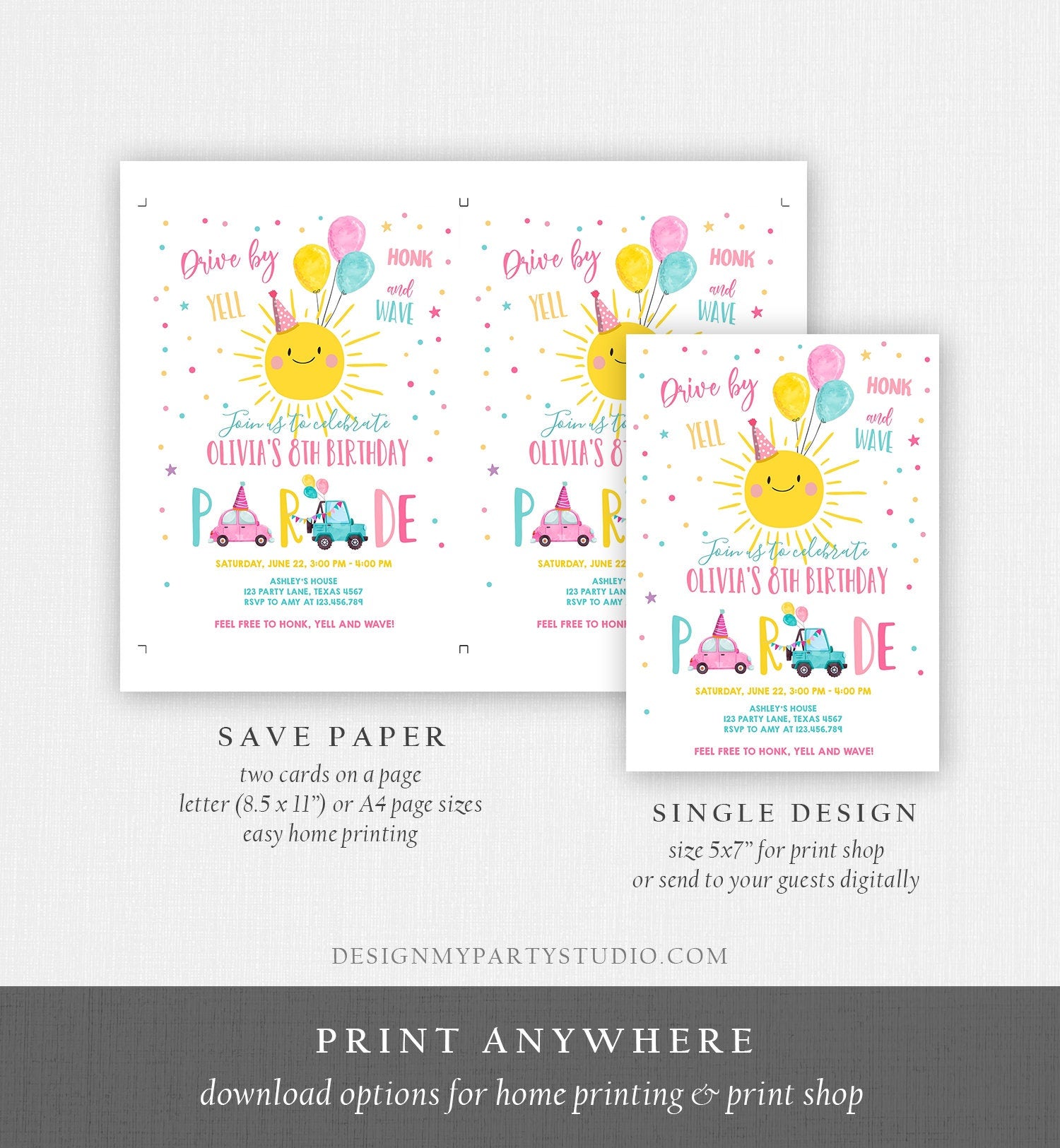 Editable Sunshine Drive By Birthday Parade Invitation Virtual Party Invite Honk Wave Car Girl Pink Quarantine Download Digital Corjl 0141