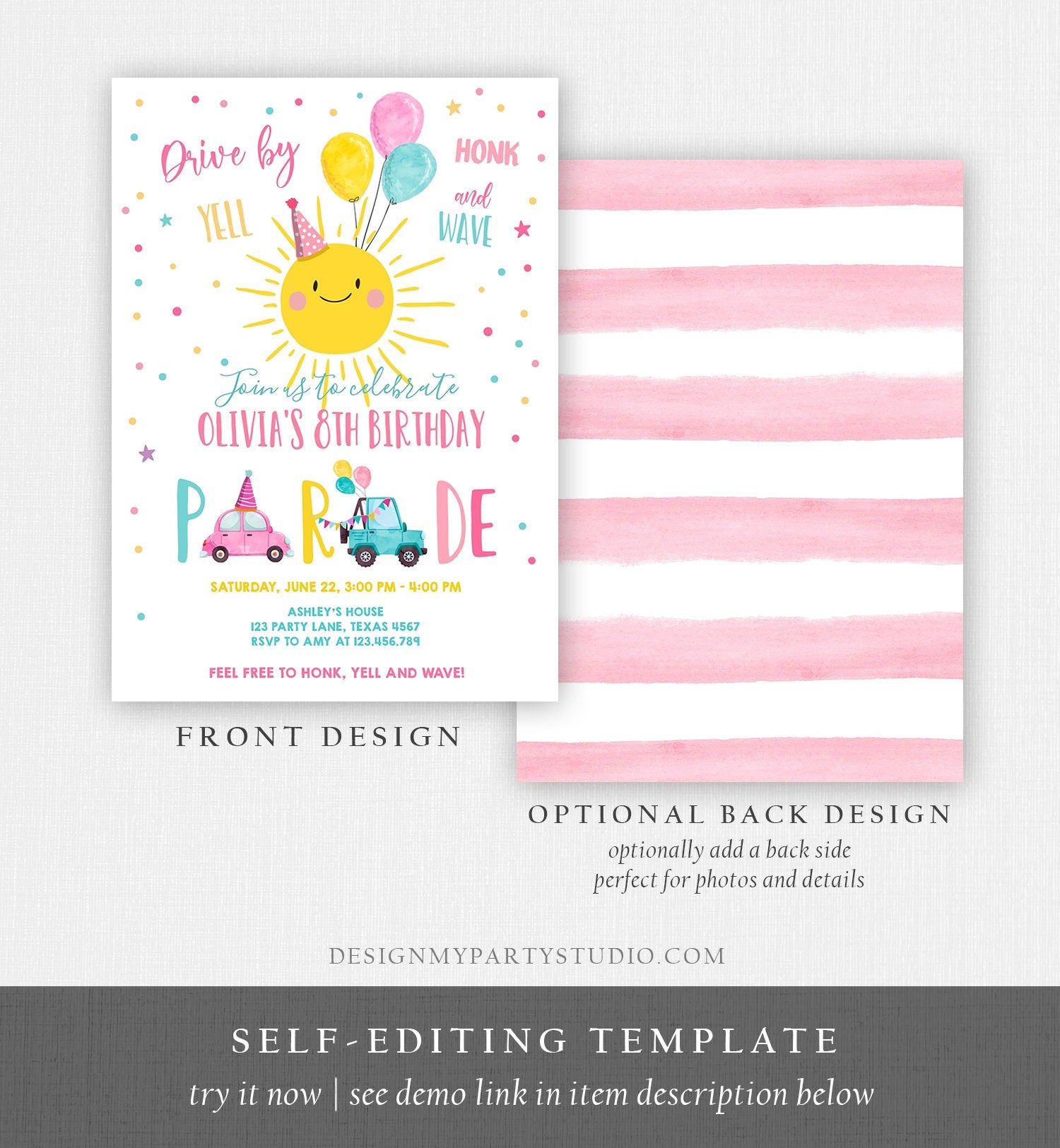 Editable Sunshine Drive By Birthday Parade Invitation Virtual Party Invite Honk Wave Car Girl Pink Quarantine Download Digital Corjl 0141