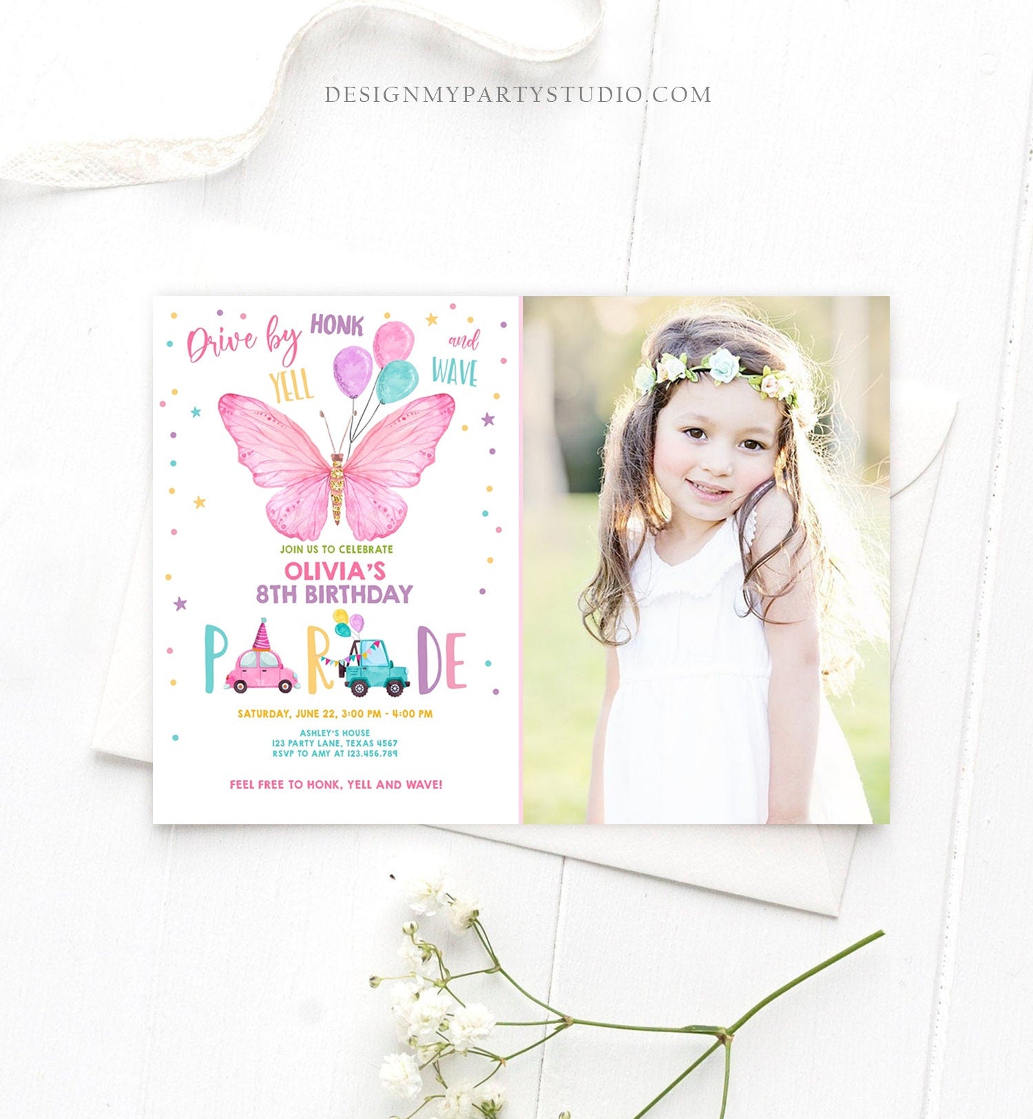 Editable Butterfly Drive By Birthday Parade Invitation Virtual Party Invite Honk Wave Car Girl Pink Quarantine Download Digital Corjl 0162