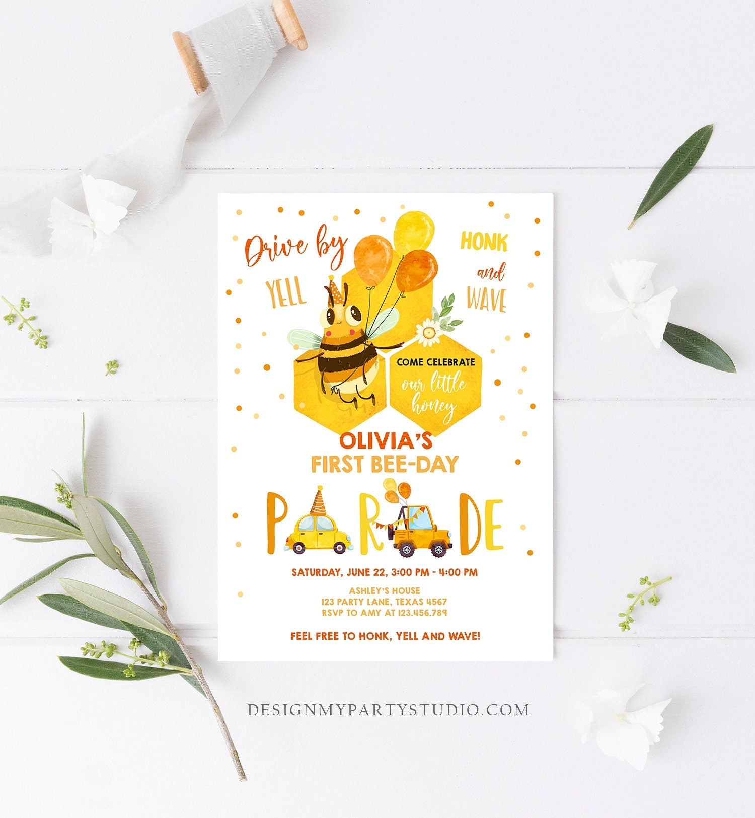 Editable Honey Bee Drive By Birthday Parade Invitation Virtual Party Invite Honk Wave Car 1st Bee Day Quarantine Download Digital Corjl 0317