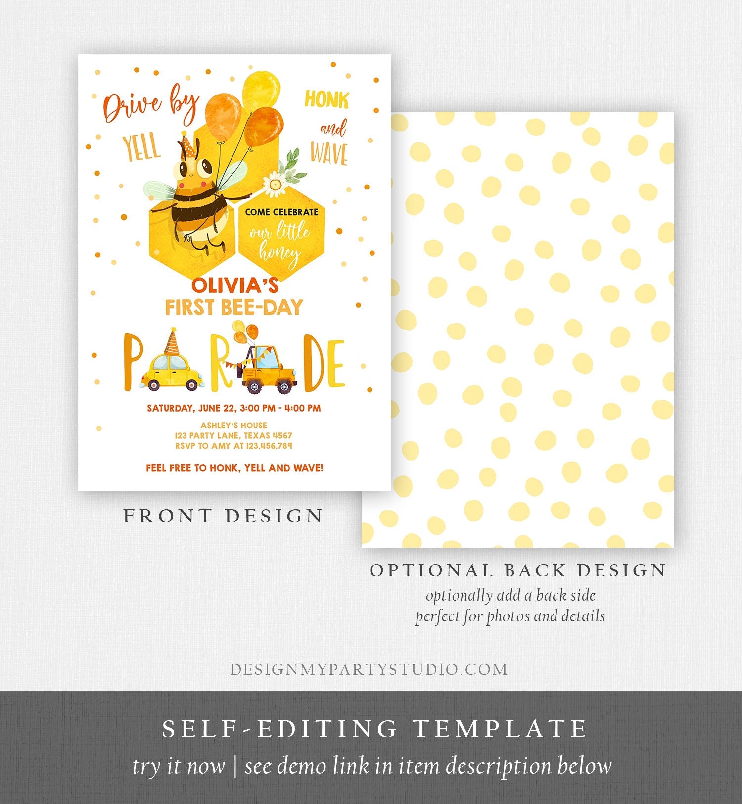 Editable Honey Bee Drive By Birthday Parade Invitation Virtual Party Invite Honk Wave Car 1st Bee Day Quarantine Download Digital Corjl 0317