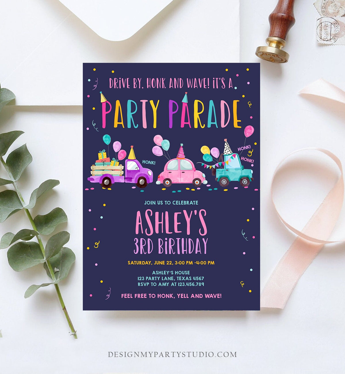 Editable Drive By Birthday Parade Invitation Virtual Party Invite Honk Wave Car Girl Pink Quarantine Instant Download Digital Corjl 0333