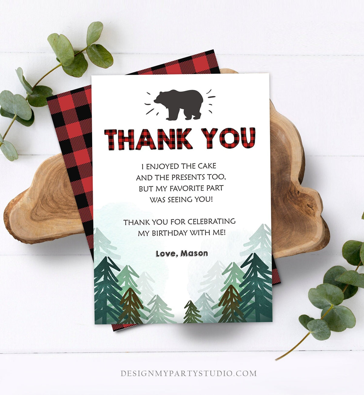 Editable Lumberjack Thank You Card Birthday Rustic Wild One Birthday Bear Forest Buffalo Plaid Trees Download Printable Template Corjl 0377