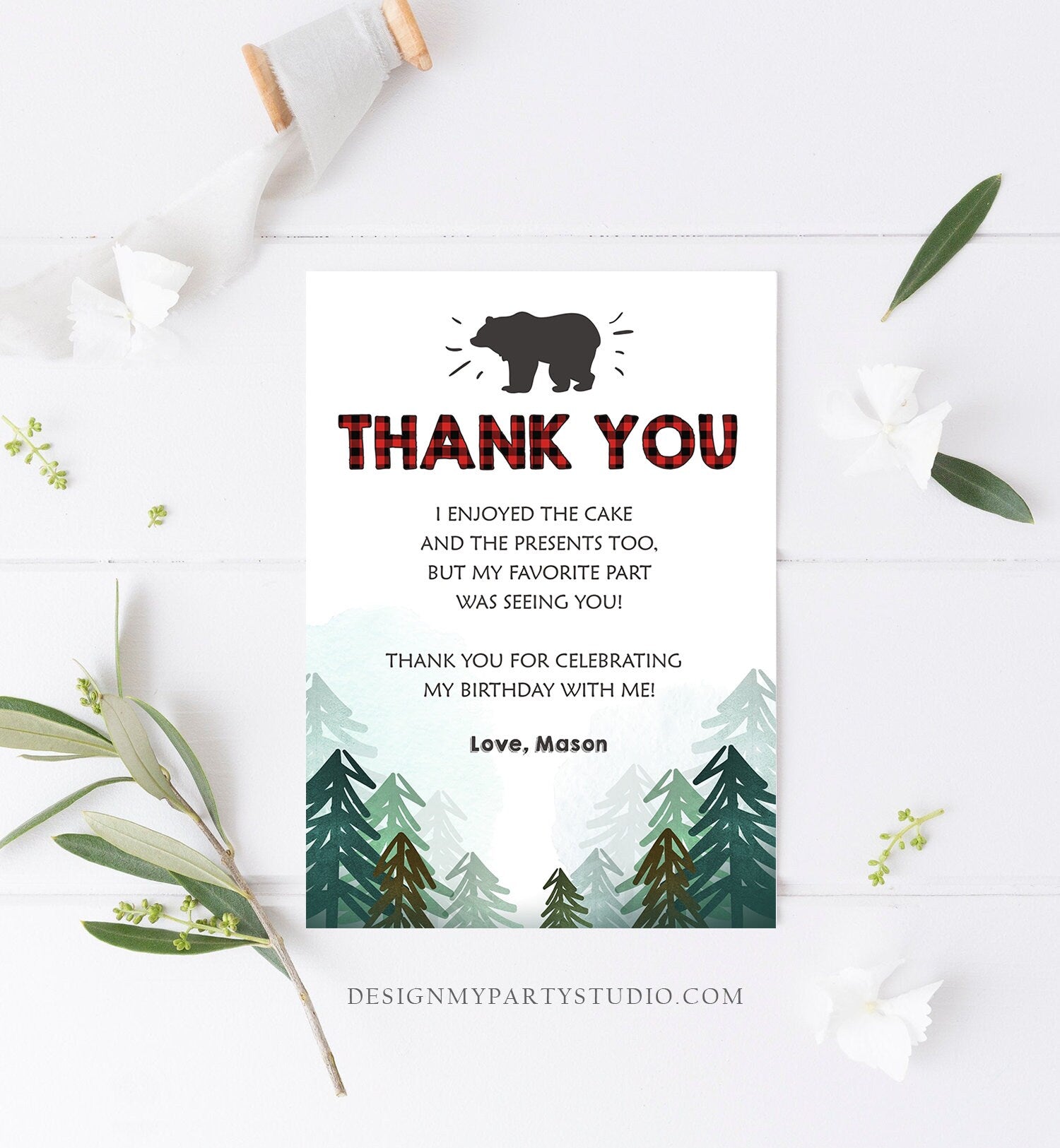 Editable Lumberjack Thank You Card Birthday Rustic Wild One Birthday Bear Forest Buffalo Plaid Trees Download Printable Template Corjl 0377