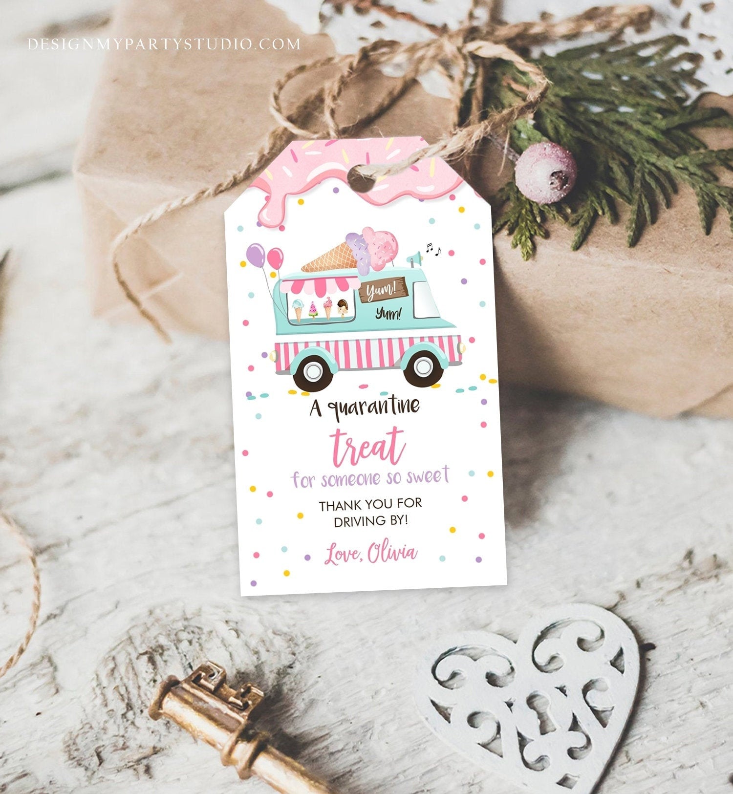 Editable Drive By Favor Tag Drive Through Ice Cream Truck Birthday Thank You Gift Tags Quarantine Ice Cream Parade Pink Girl Corjl 0243