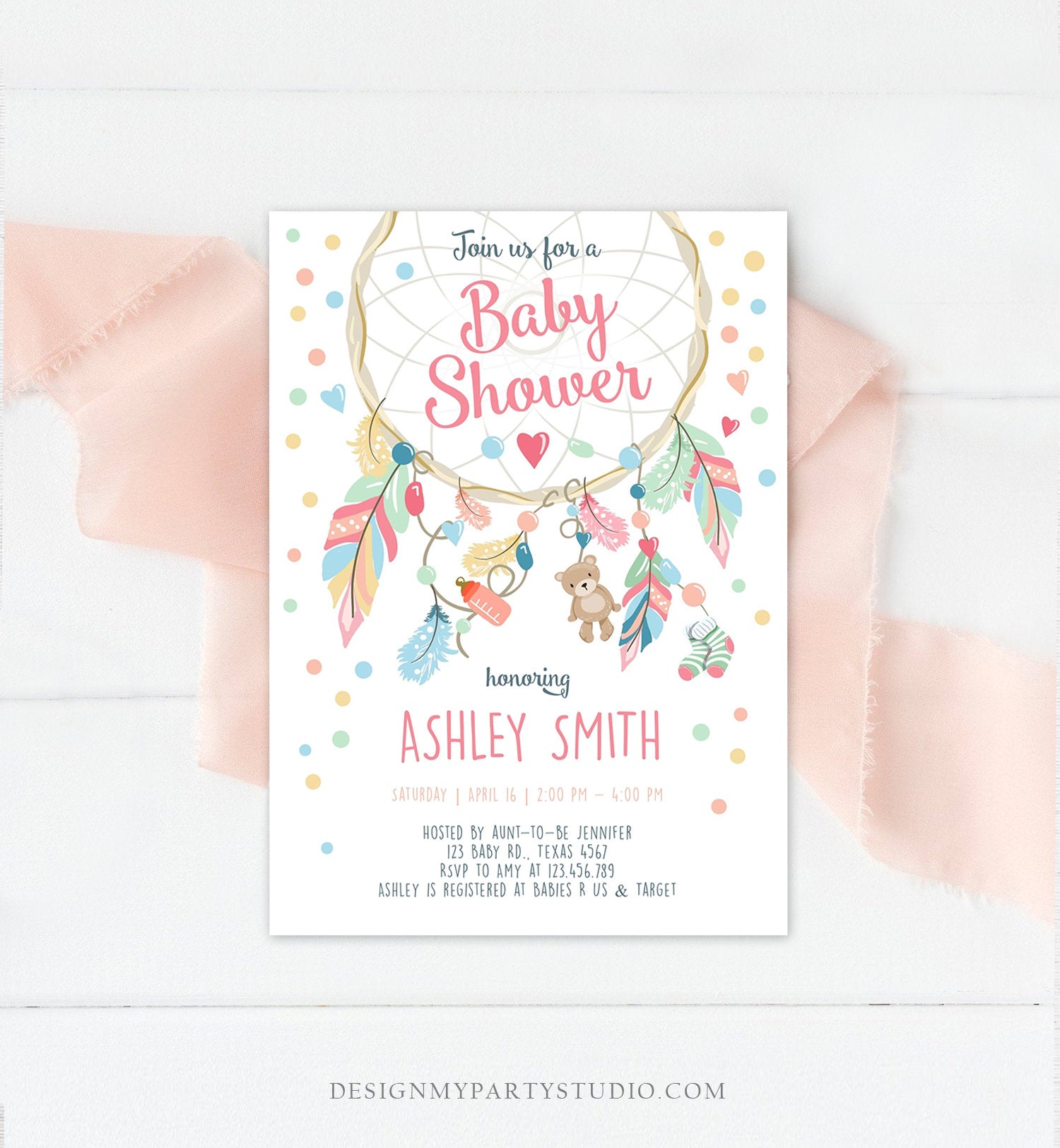 Editable Dreamcatcher Baby Shower Invitation Dream Catcher Feathers Tribal Boho Girl Pink Neutral Download Corjl Template Printable 0062