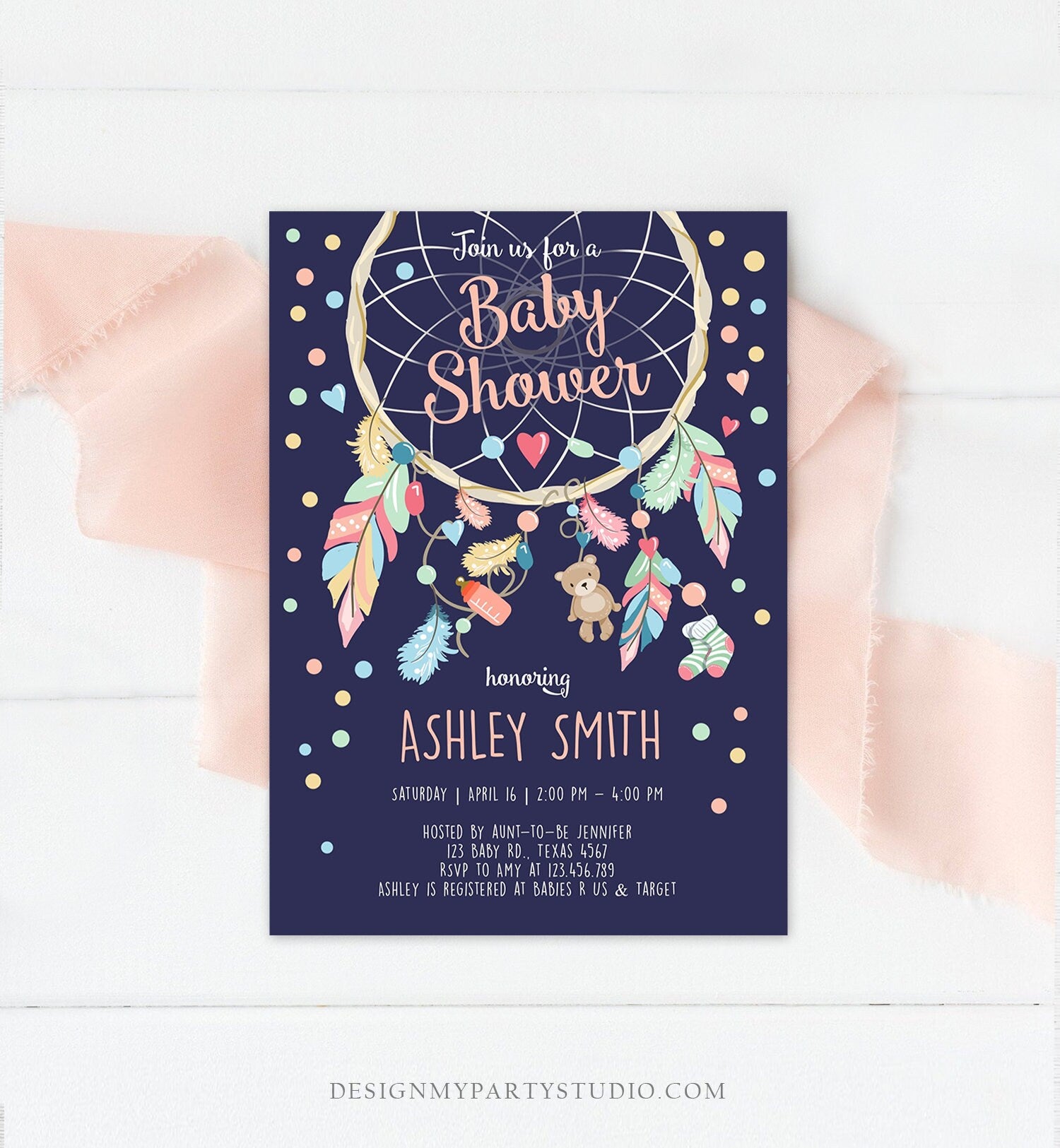 Editable Dreamcatcher Baby Shower Invitation Dream Catcher Feathers Tribal Boho Girl Pink Neutral Download Corjl Template Printable 0062