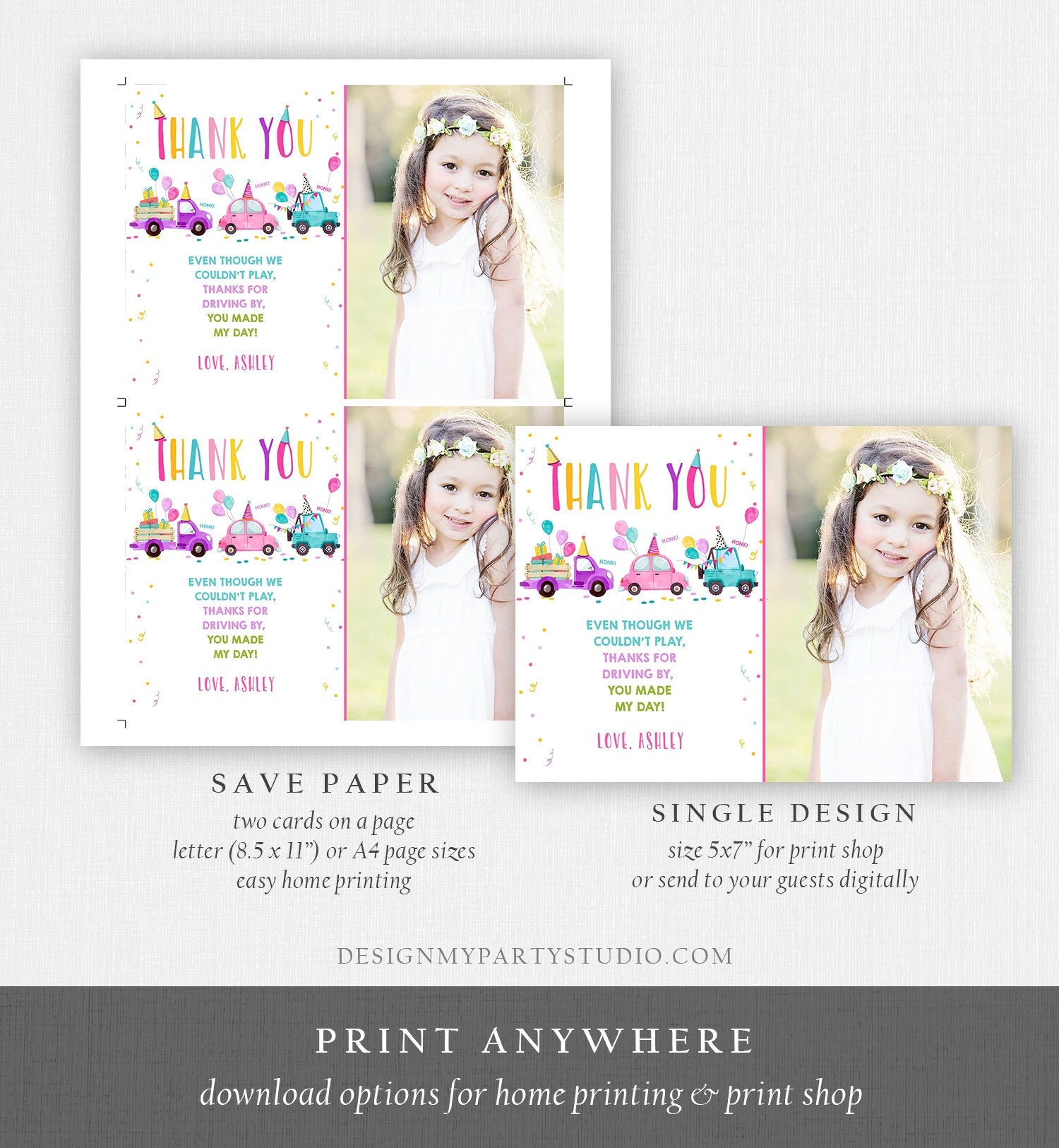 Editable Drive By Birthday Parade Thank You Card Virtual Party Invite Honk Wave Car Girl Pink Quarantine Instant Download Digital Corjl 0333