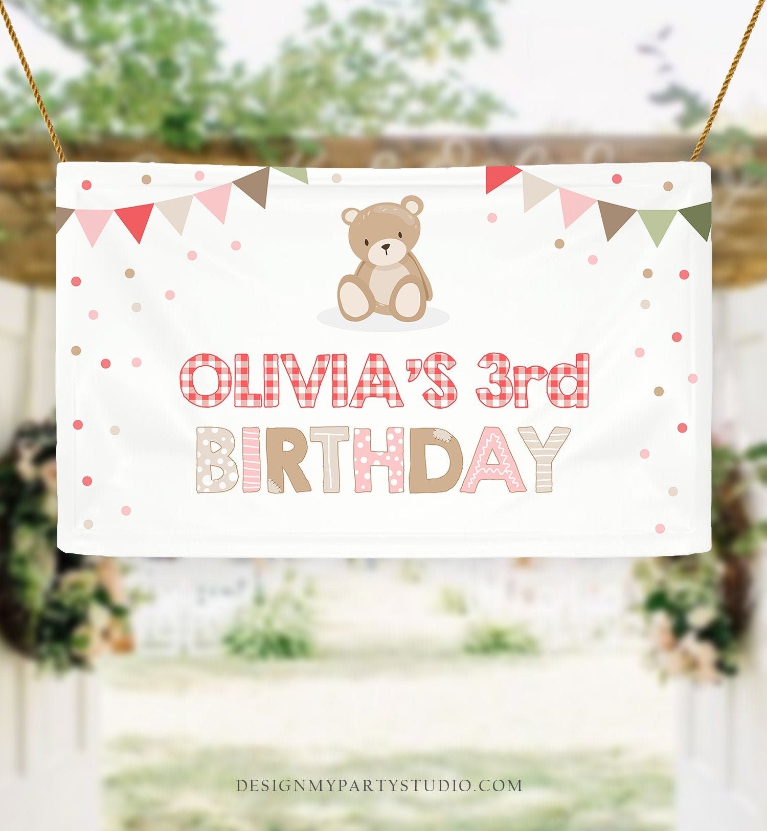 Editable Teddy Bear Birthday Backdrop Banner Teddy Bear Picnic Birthday First Birthday Welcome Girl Pink Corjl Template Printable 0100