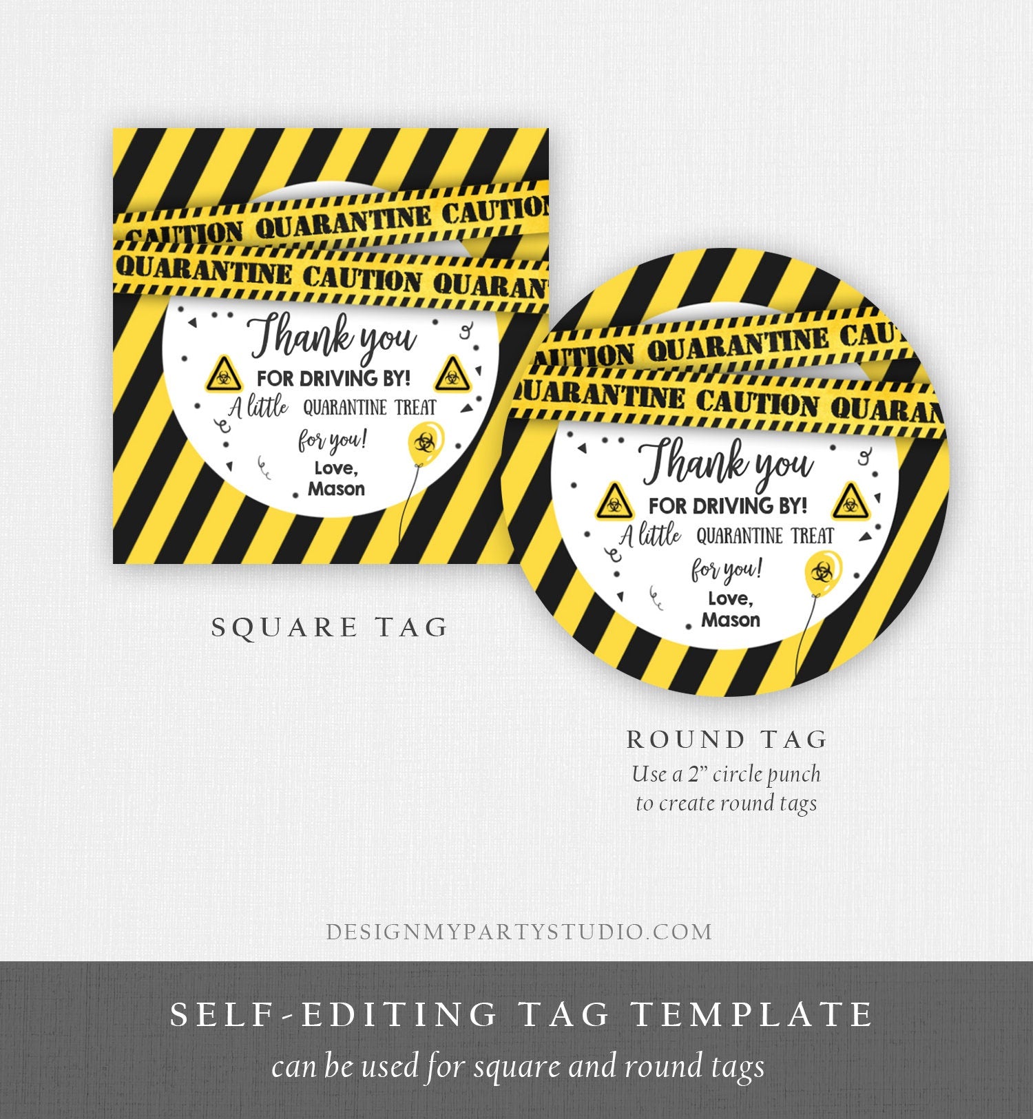 Editable Drive By Birthday Thank You Tags Yellow Quarantine Boy Girl Drive Through Party Sticker Label Corjl Template Printable 0334