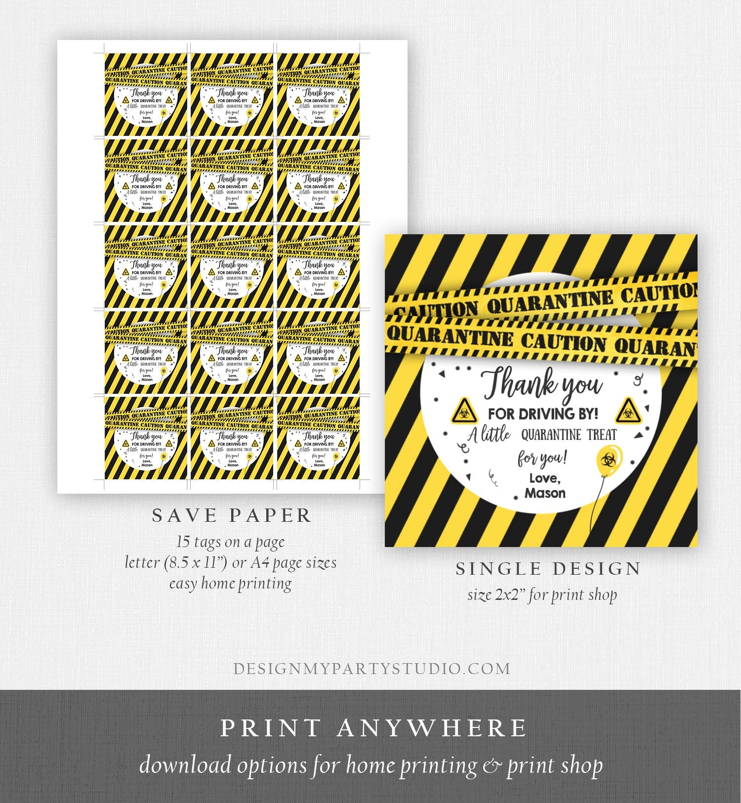 Editable Drive By Birthday Thank You Tags Yellow Quarantine Boy Girl Drive Through Party Sticker Label Corjl Template Printable 0334