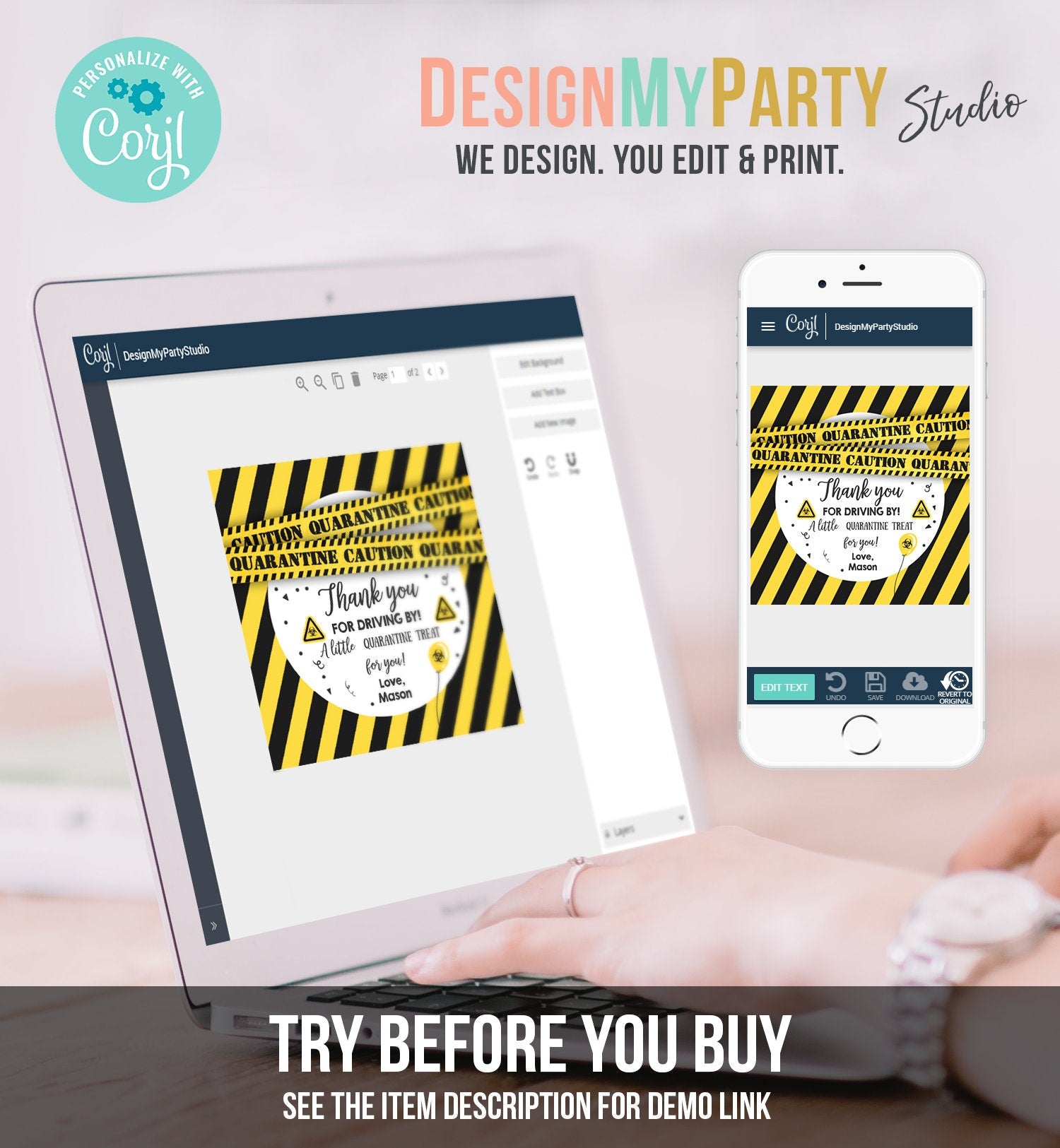 Editable Drive By Birthday Thank You Tags Yellow Quarantine Boy Girl Drive Through Party Sticker Label Corjl Template Printable 0334