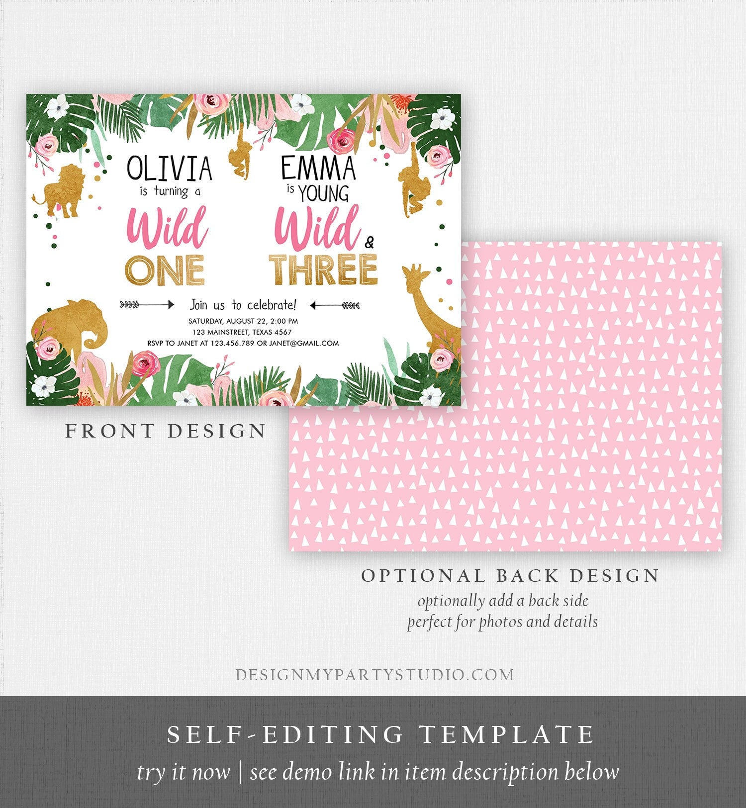 Editable Wild One Birthday Invitation Wild and Three Sisters Safari Animals Jungle Girls Joint Dual Siblings Printable Corjl Template 0016