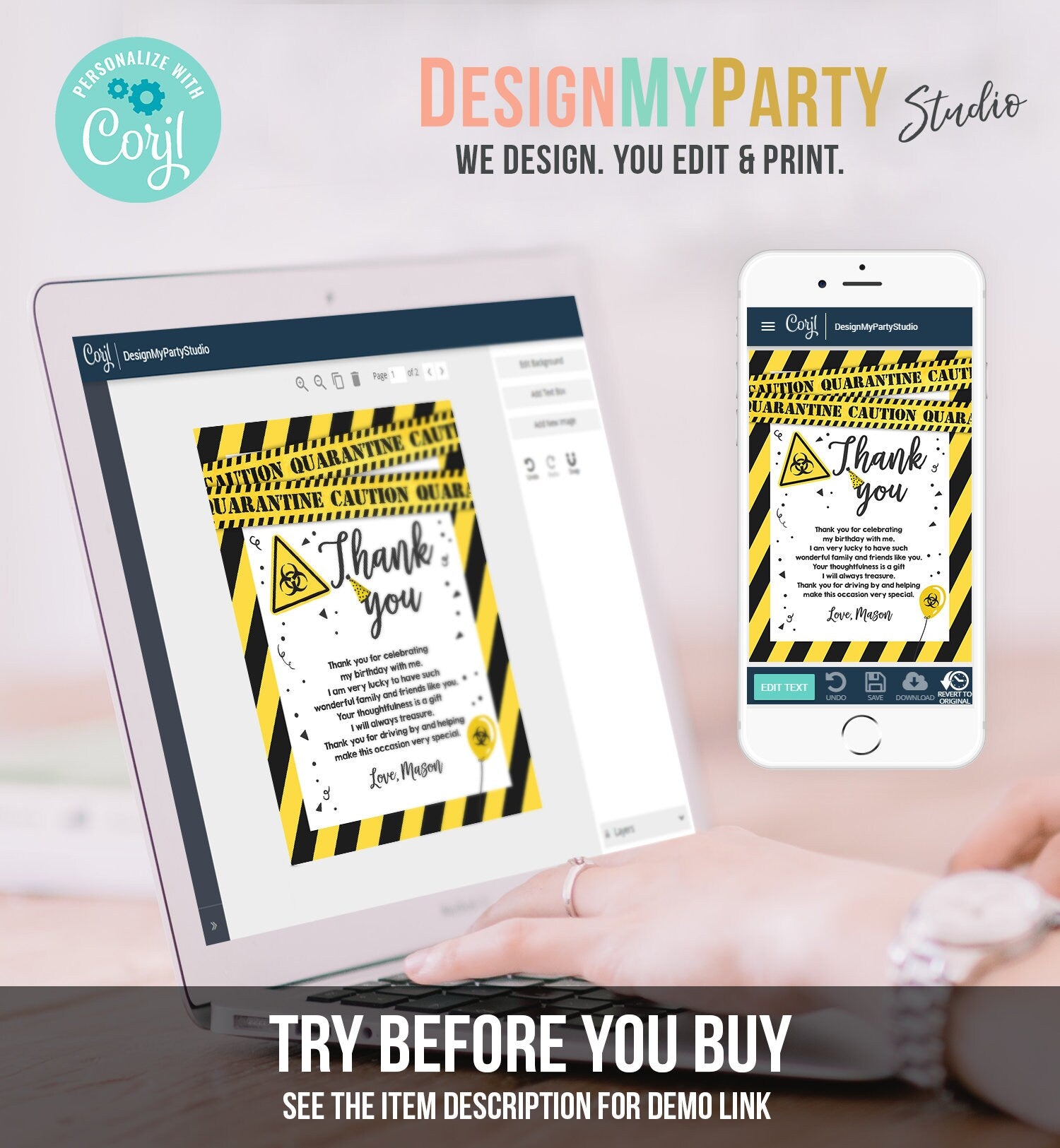 Editable Quarantine Birthday Thank You Card Virtual Party Drive By Thank You Yellow White Caution Instant Download Digital Corjl 0334