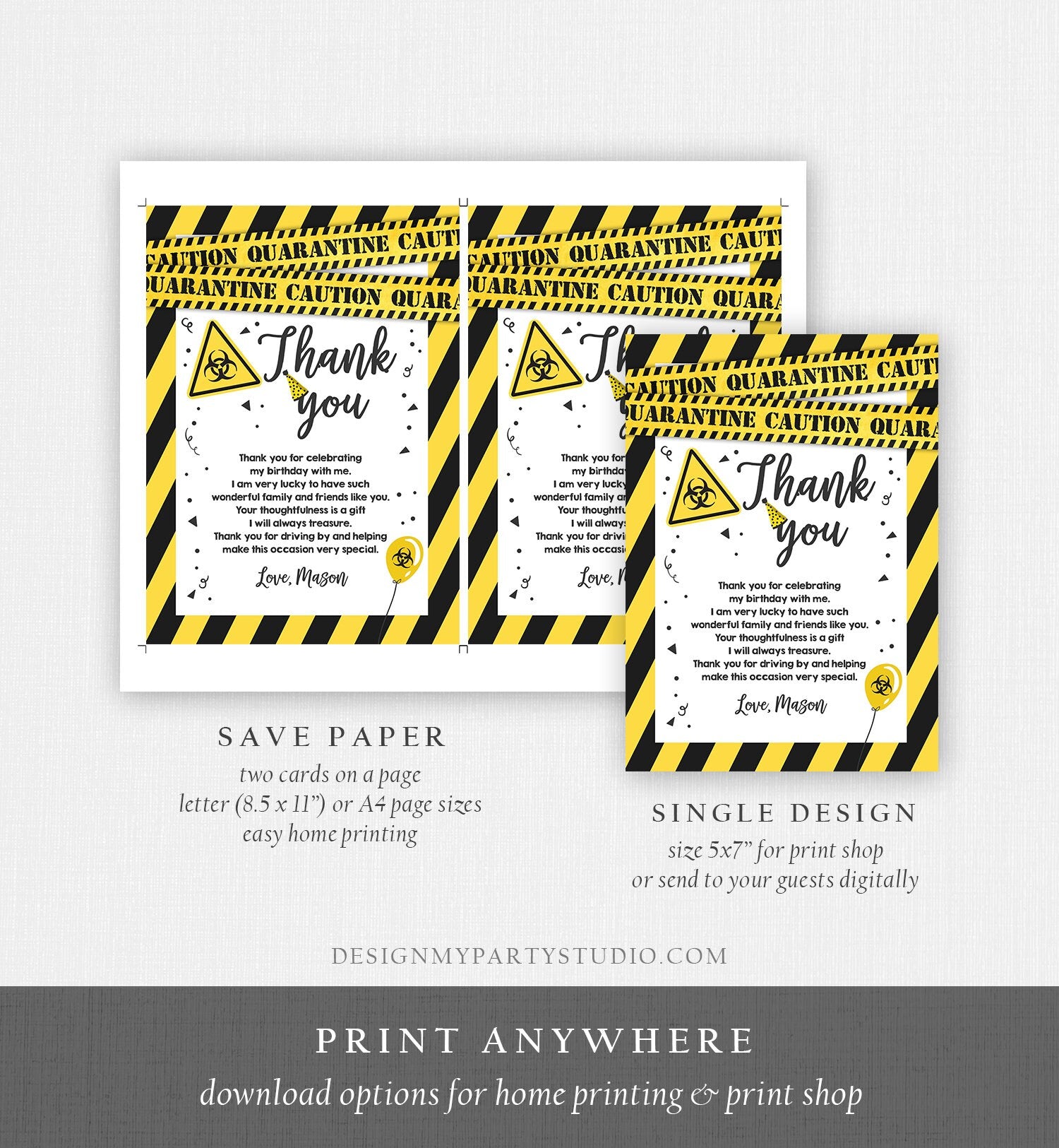 Editable Quarantine Birthday Thank You Card Virtual Party Drive By Thank You Yellow White Caution Instant Download Digital Corjl 0334