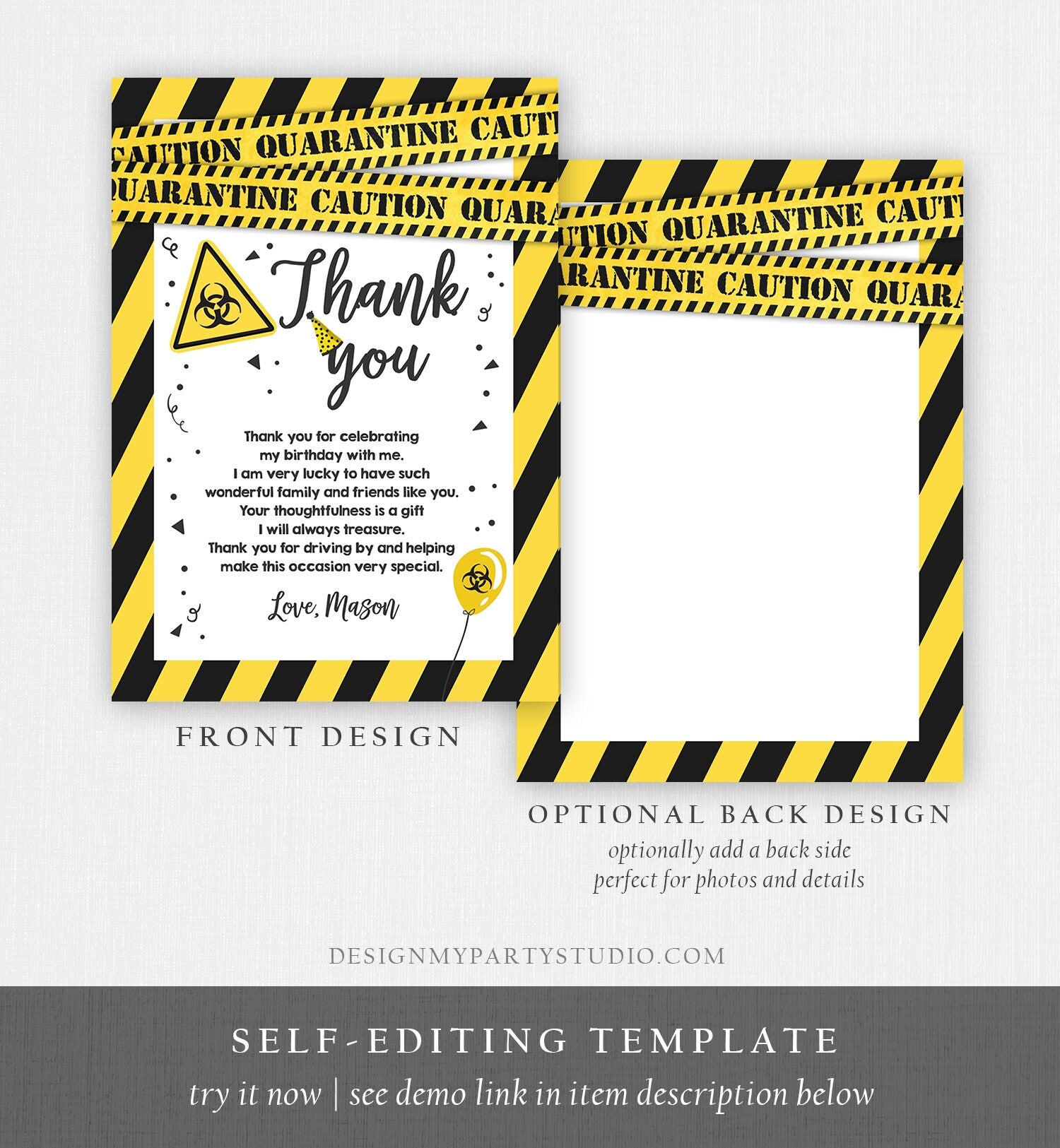 Editable Quarantine Birthday Thank You Card Virtual Party Drive By Thank You Yellow White Caution Instant Download Digital Corjl 0334