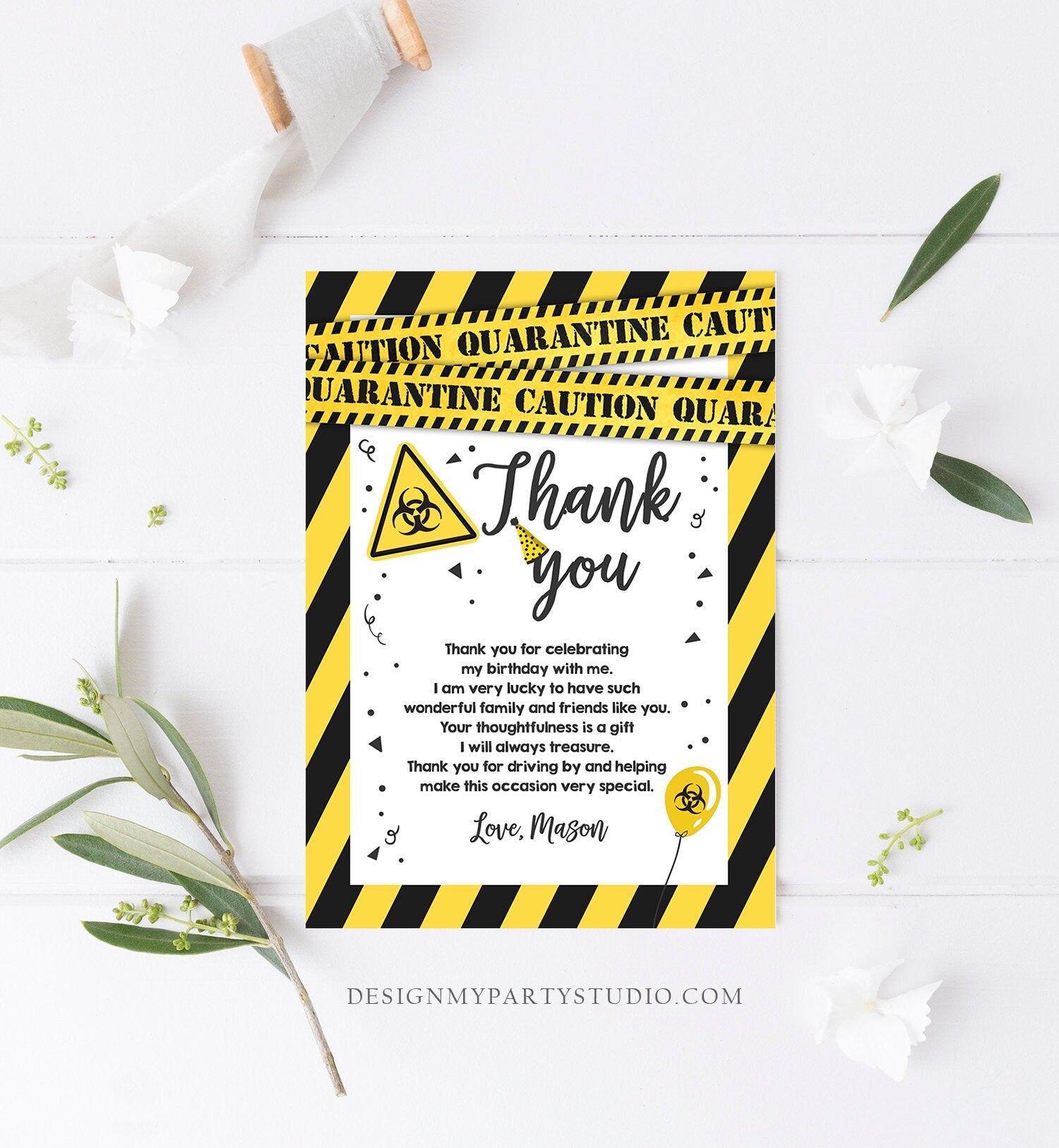 Editable Quarantine Birthday Thank You Card Virtual Party Drive By Thank You Yellow White Caution Instant Download Digital Corjl 0334