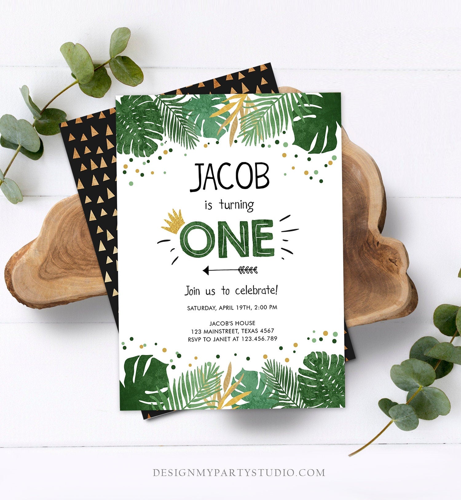 Editable Safari First Birthday Invitation Jungle Boy Gold 1st Birthday Rustic Leaves Wild Things Arrow Crown Corjl Template Printable 0332